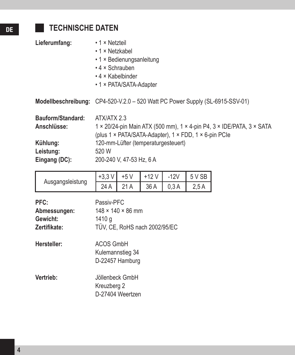 Technische daten | SPEEDLINK SL-6915-SSV-01 PECOS 520W ATX Power Supply Unit User Manual | Page 4 / 42