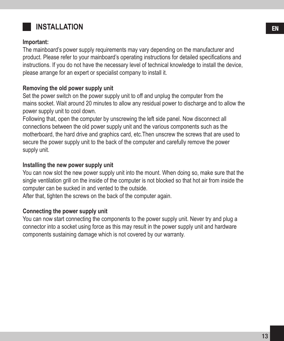 Installation | SPEEDLINK SL-6910-SSV-01 PECOS 420W ATX Power Supply Unit User Manual | Page 13 / 42