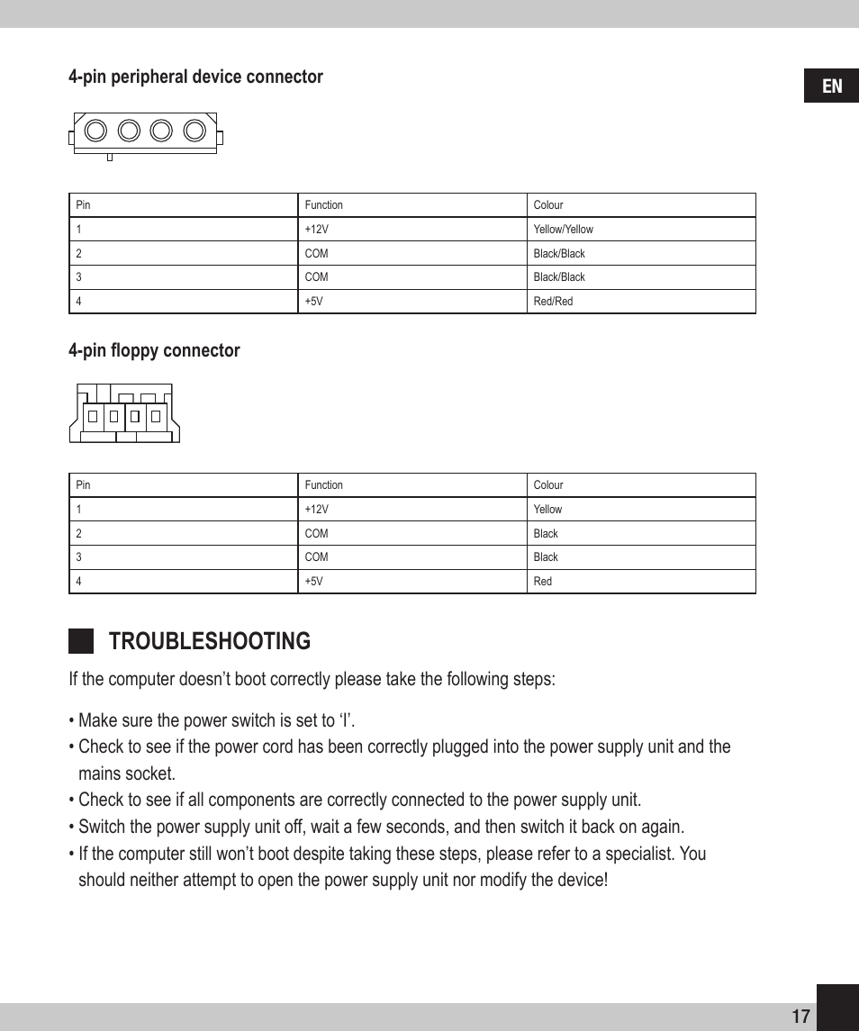 Troubleshooting, 17 en 4-pin peripheral device connector | SPEEDLINK SL-6910-SSV-01 PECOS 420W ATX Power Supply Unit User Manual | Page 17 / 42