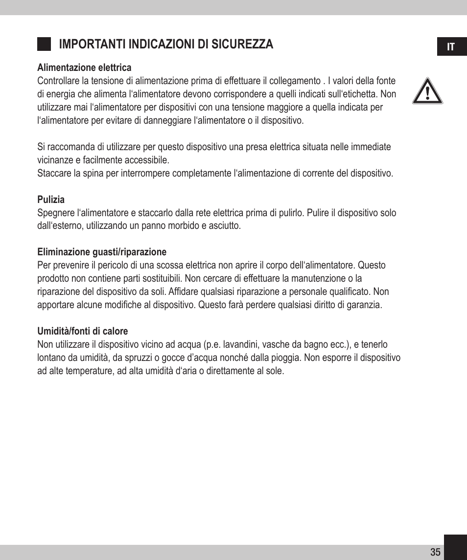 Importanti indicazioni di sicurezza | SPEEDLINK SL-6905-SSV-01 PECOS 350W ATX Power Supply Unit User Manual | Page 35 / 42