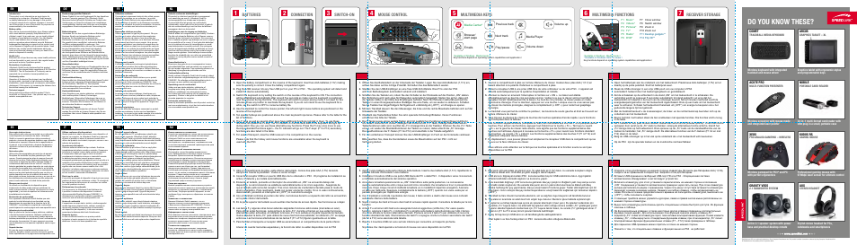 Do you know these, Batteries, Multimedia keys | Multimedia functions connection, Switch-on, Mouse control, Receiver storage, Gravity veos, Acute pro, Kudos rs | SPEEDLINK SL-6494-RBK SCION Trackball Media Keyboard User Manual | Page 2 / 2