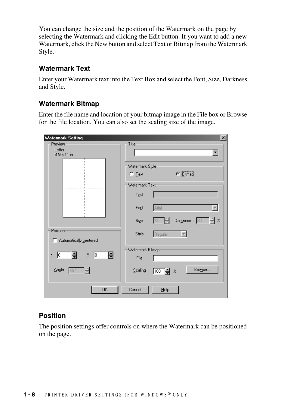 Watermark text, Watermark bitmap, Position | Watermark text -8 watermark bitmap -8 position -8 | Brother IntelliFAX 4100e User Manual | Page 11 / 25