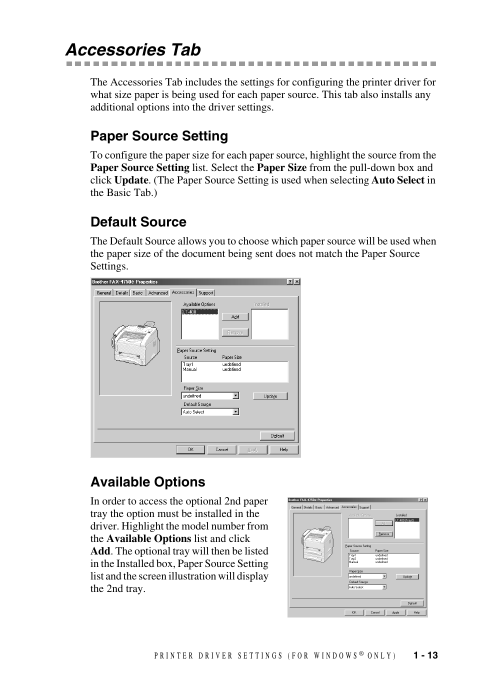 Accessories tab, Paper source setting, Default source | Available options, Accessories tab -13 | Brother IntelliFAX 4100e User Manual | Page 16 / 25