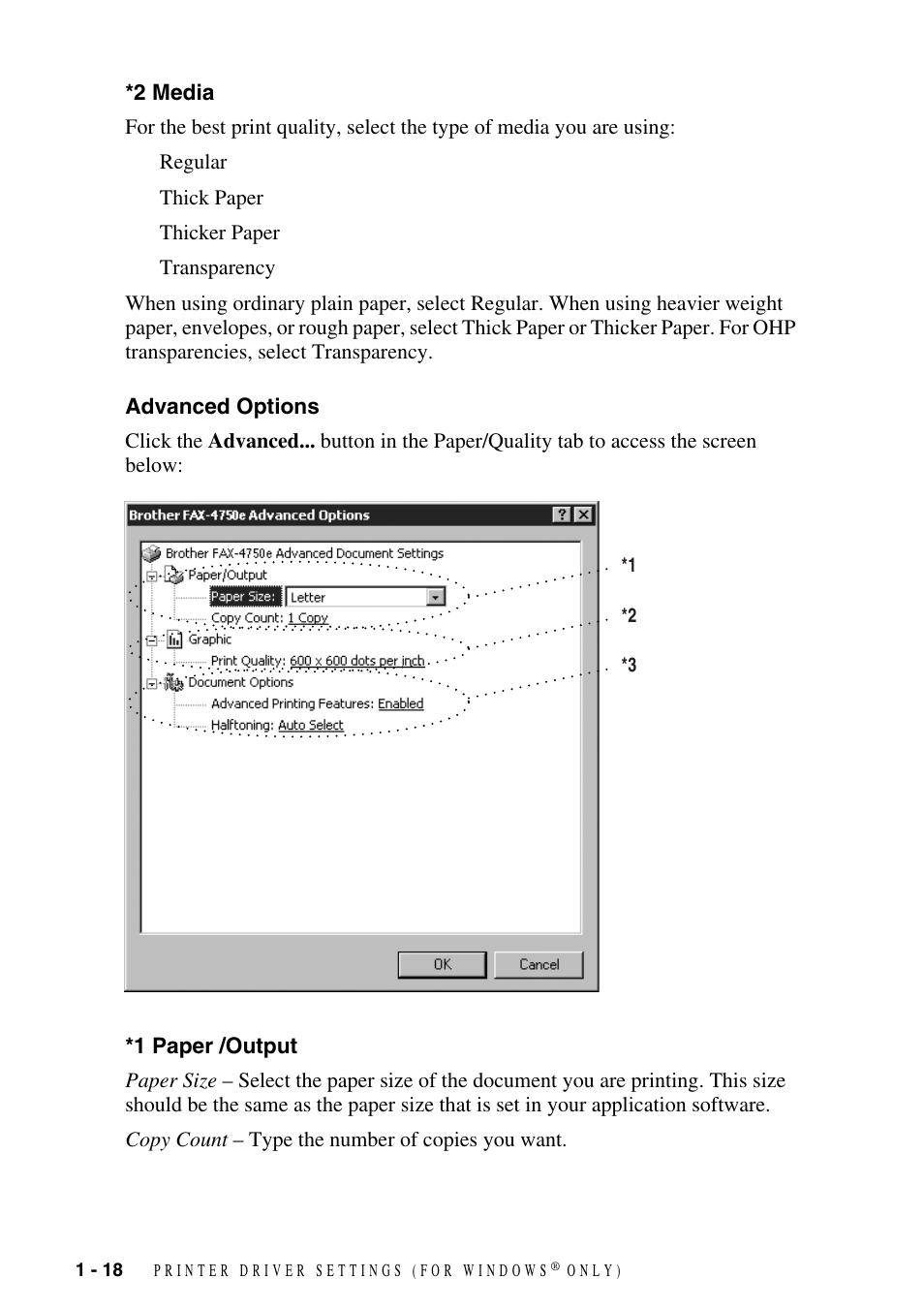 2 media, Advanced options, 1 paper /output | Brother IntelliFAX 4100e User Manual | Page 21 / 25