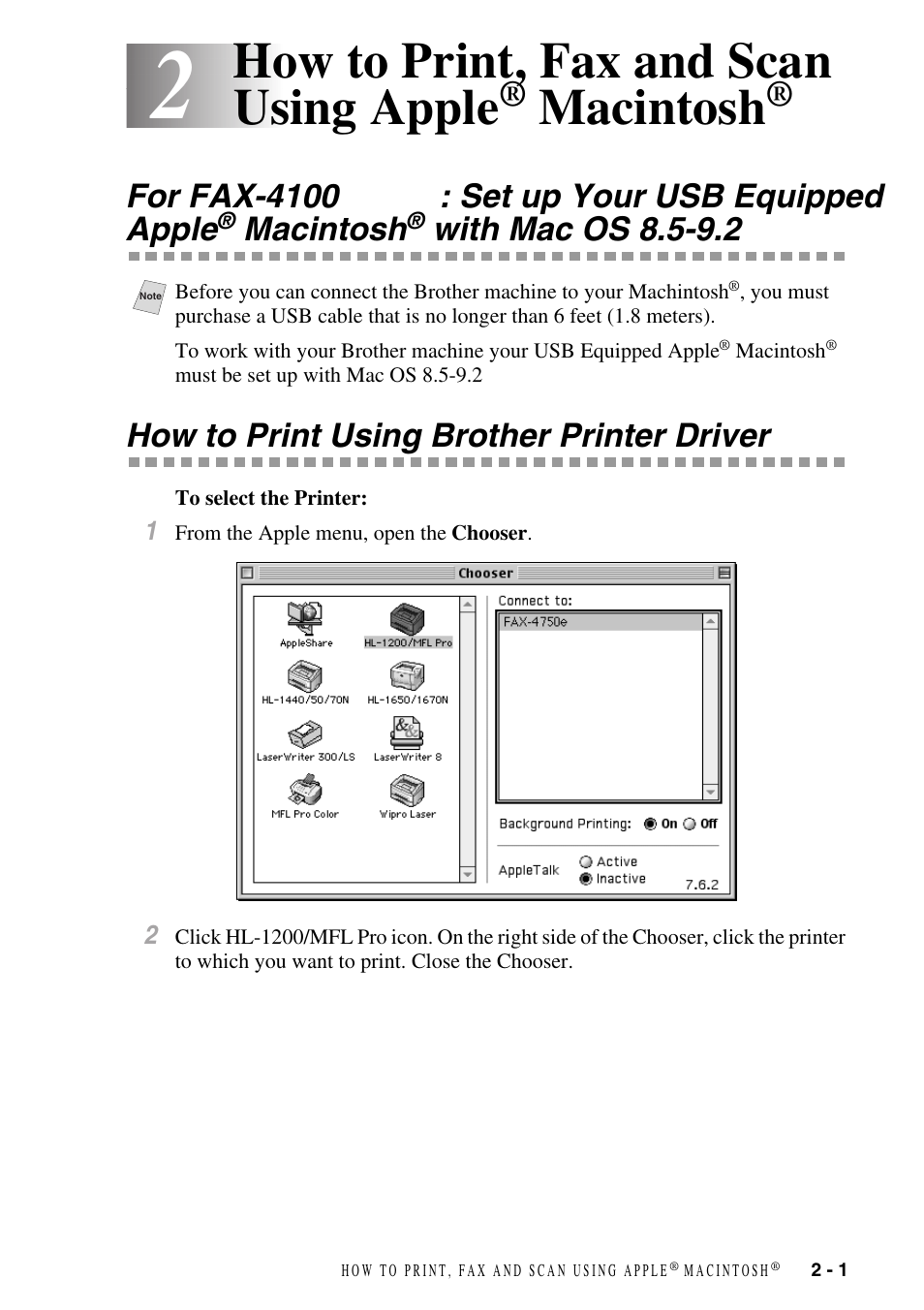 How to print using brother printer driver, How to print, fax and scan using apple, Macintosh | Macintosh with mac os 8.5-9.2 -1, How to print using brother printer driver -1, With mac os 8.5-9.2 | Brother IntelliFAX 4100e User Manual | Page 24 / 25