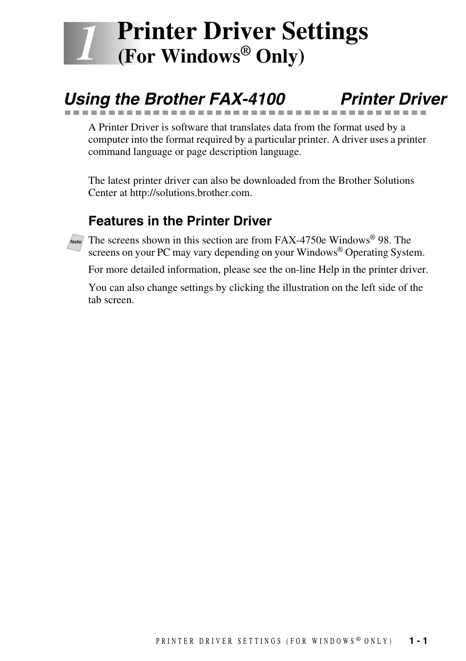 1 printer driver settings (for windows® only), Using the brother fax-4100 printer driver, Features in the printer driver | Printer driver settings (for windows, Only) -1, Using the brother fax-4100/4100e printer driver -1, Features in the printer driver -1, Printer driver settings, For windows, Only) | Brother IntelliFAX 4100e User Manual | Page 4 / 25