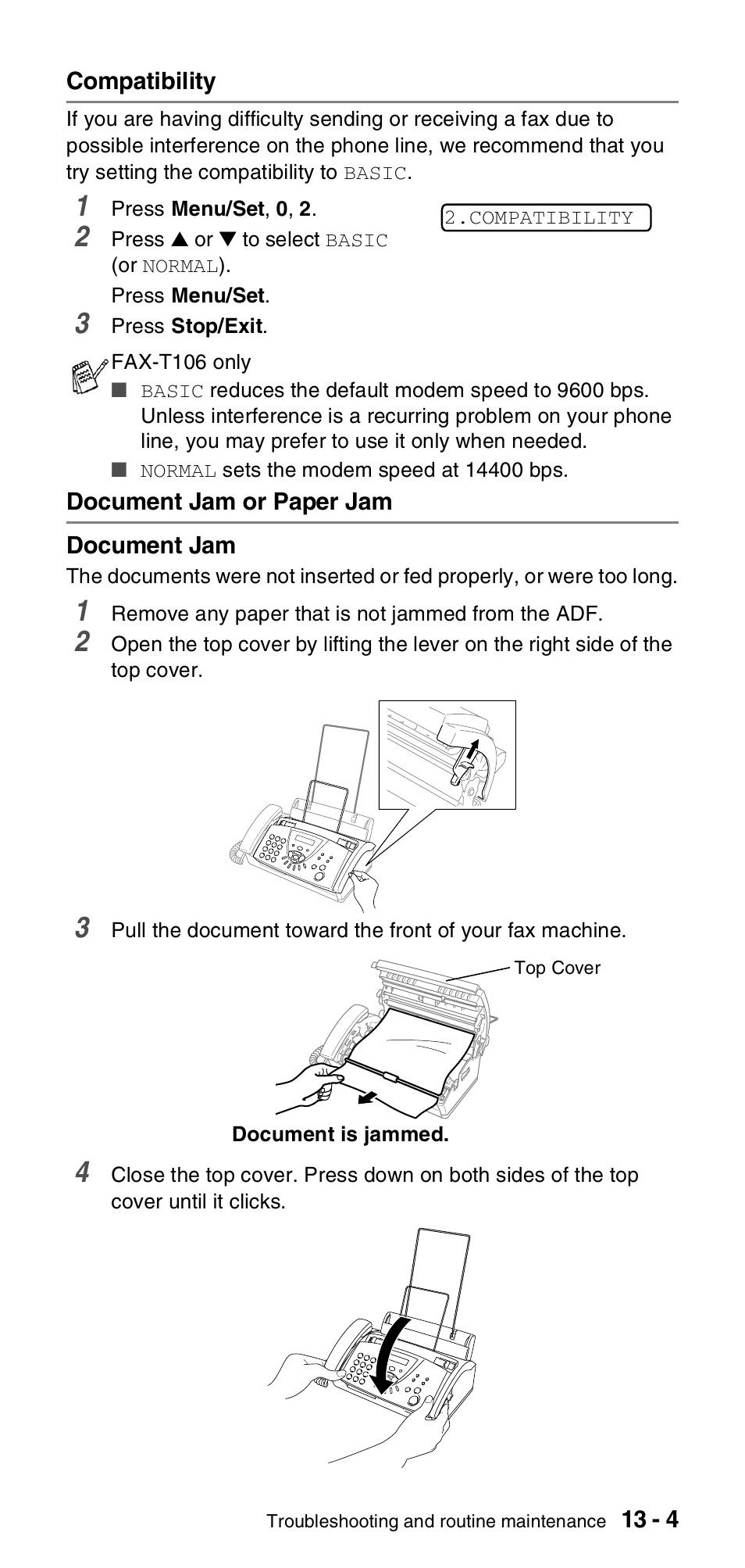 Compatibility, Document jam or paper jam, Compatibility -4 document jam or paper jam -4 | Brother FAX-T104 Series User Manual | Page 101 / 120