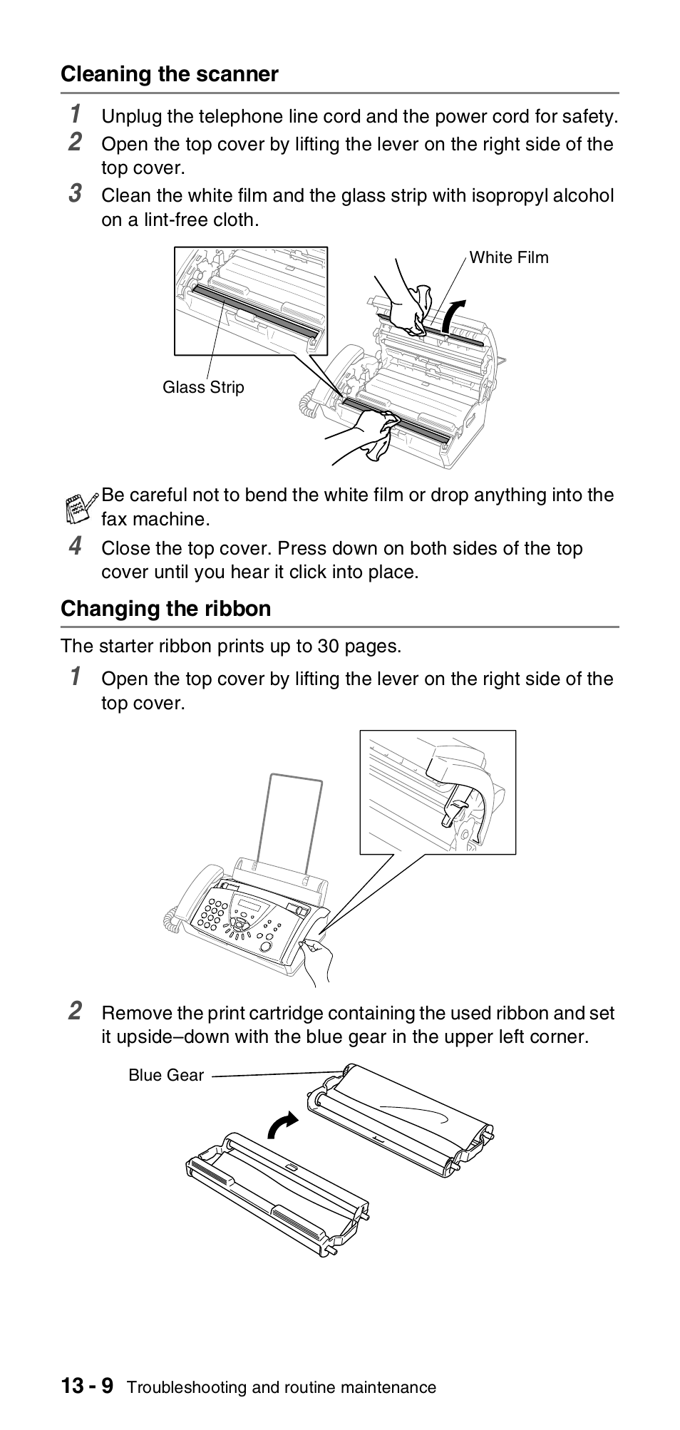 Cleaning the scanner, Changing the ribbon, Cleaning the scanner -9 changing the ribbon -9 | Brother FAX-T104 Series User Manual | Page 106 / 120