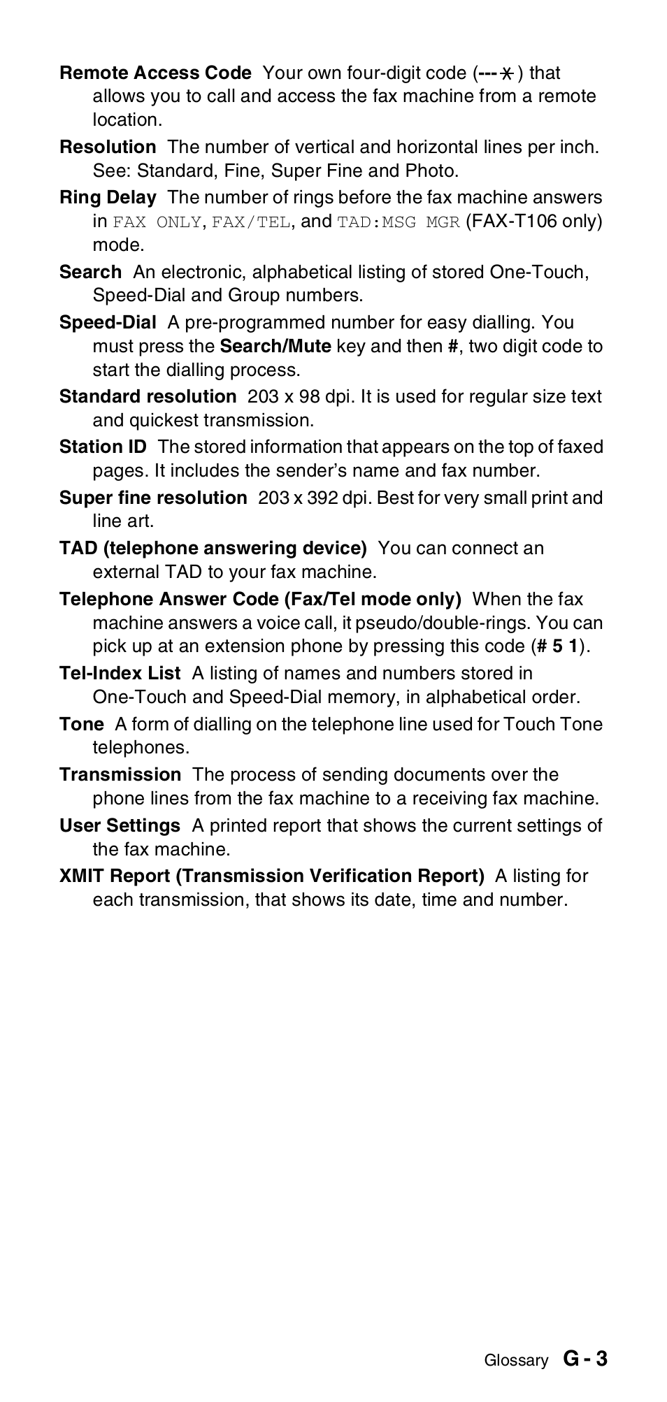 G - 3 | Brother FAX-T104 Series User Manual | Page 111 / 120