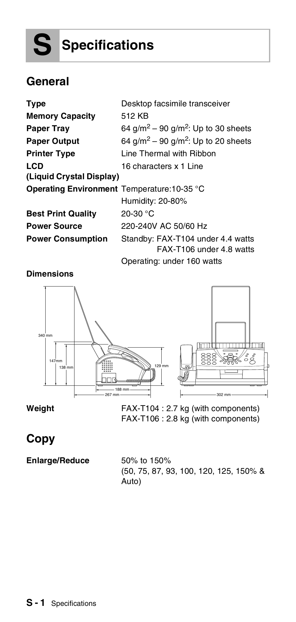 Specifications, General, Copy | General copy, S - 1 | Brother FAX-T104 Series User Manual | Page 112 / 120