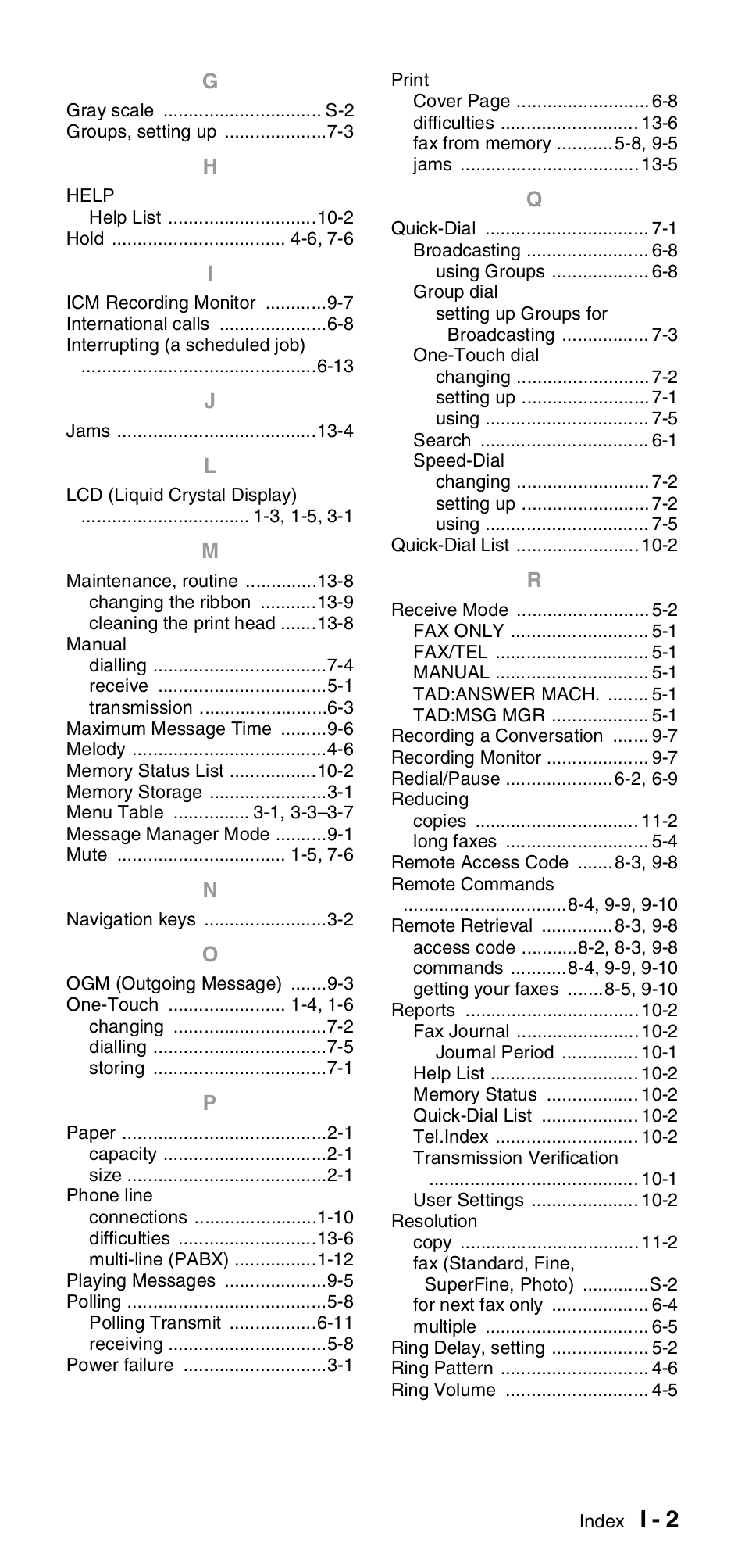 I - 2 | Brother FAX-T104 Series User Manual | Page 115 / 120