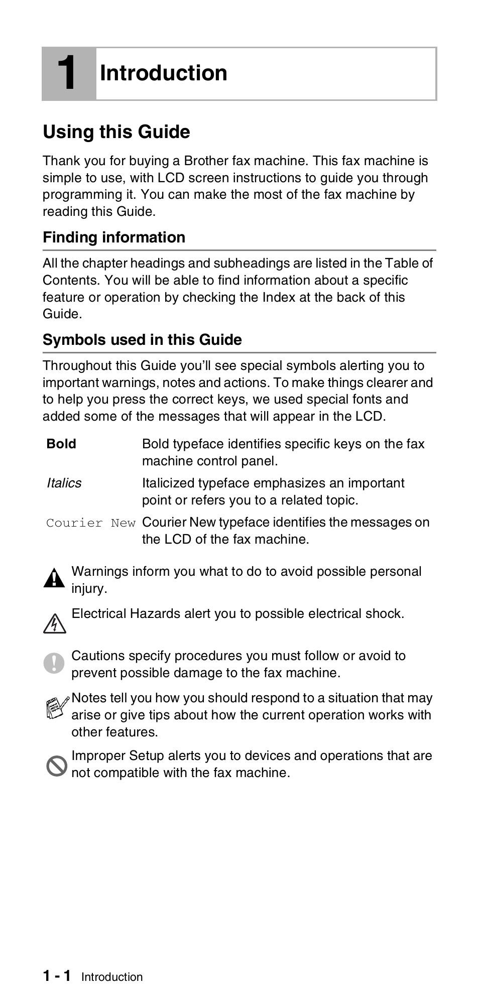 Introduction, Using this guide, Finding information | Symbols used in this guide, Introduction -1, Using this guide -1 | Brother FAX-T104 Series User Manual | Page 14 / 120