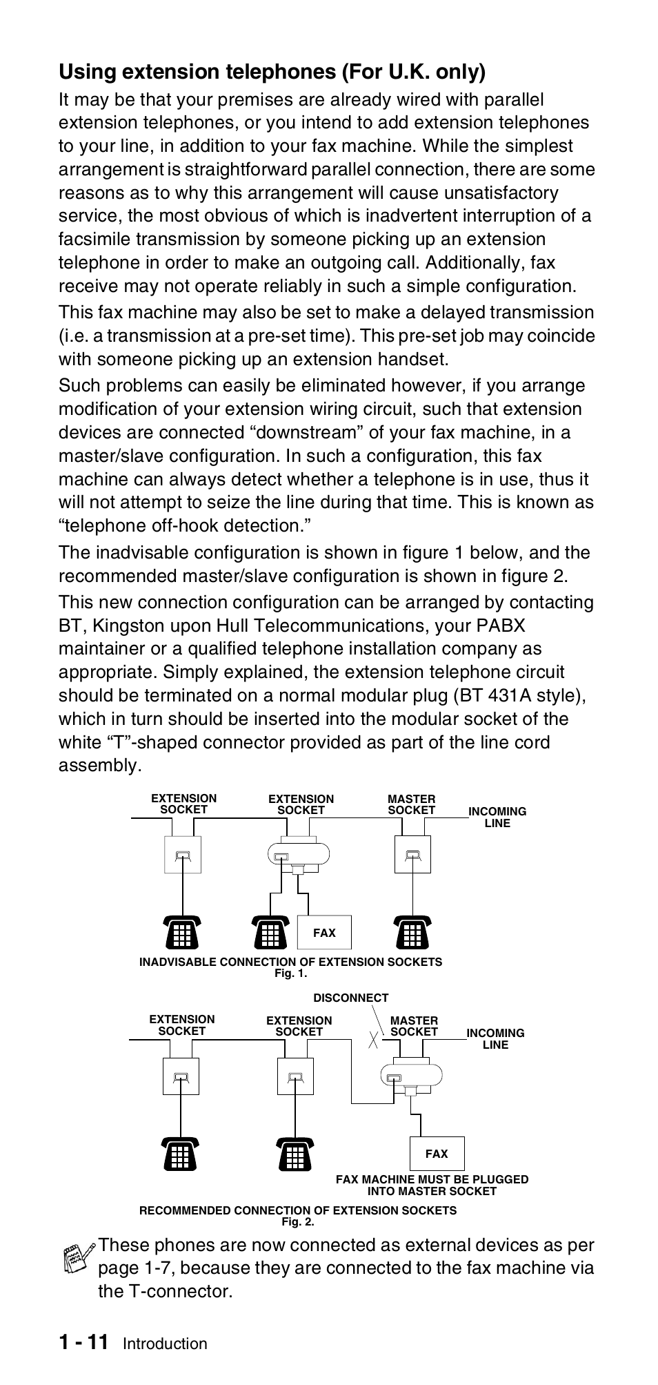 Using extension telephones (for u.k. only), Introduction | Brother FAX-T104 Series User Manual | Page 24 / 120