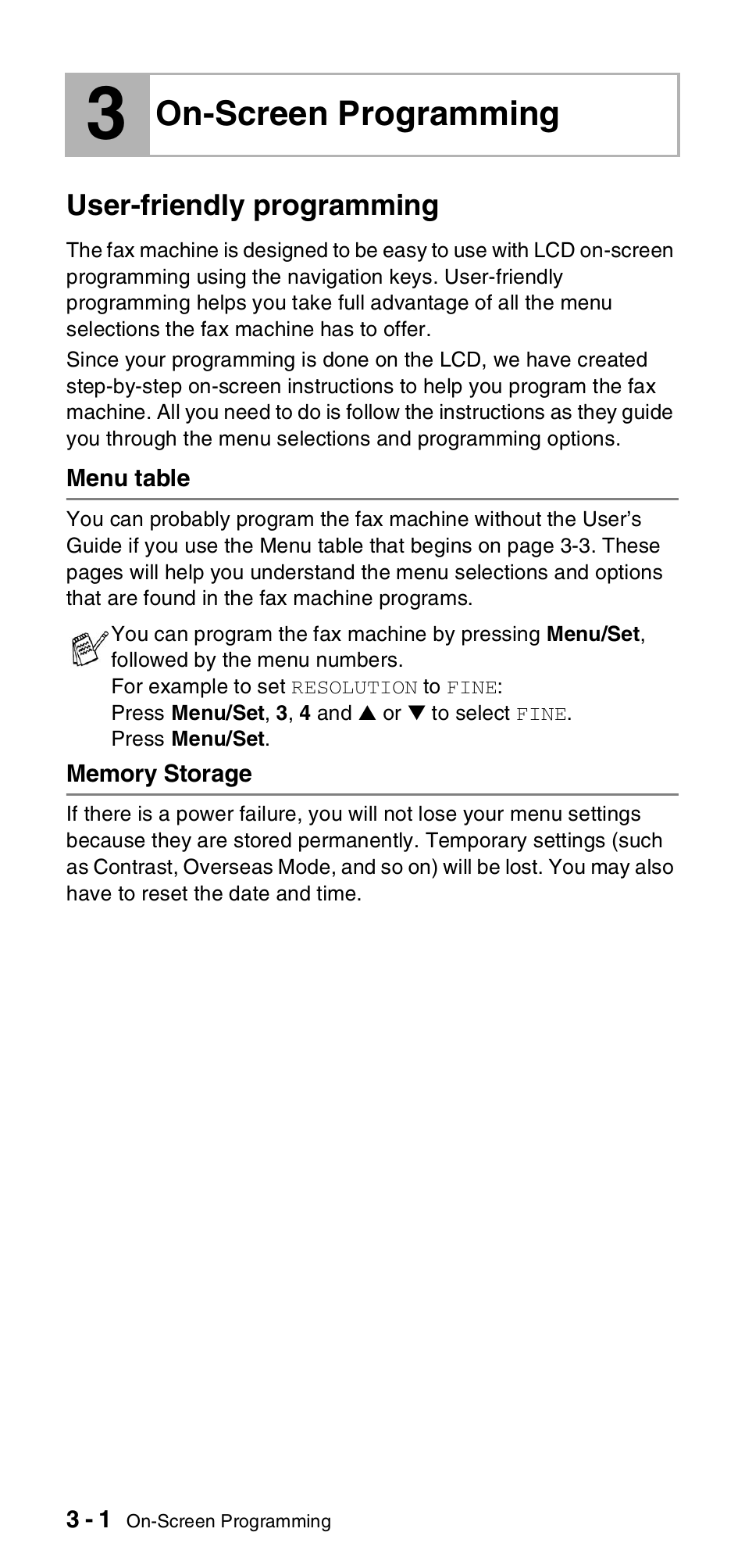 On-screen programming, User-friendly programming, Menu table | Memory storage, On-screen programming -1, User-friendly programming -1, Menu table -1 memory storage -1 | Brother FAX-T104 Series User Manual | Page 28 / 120