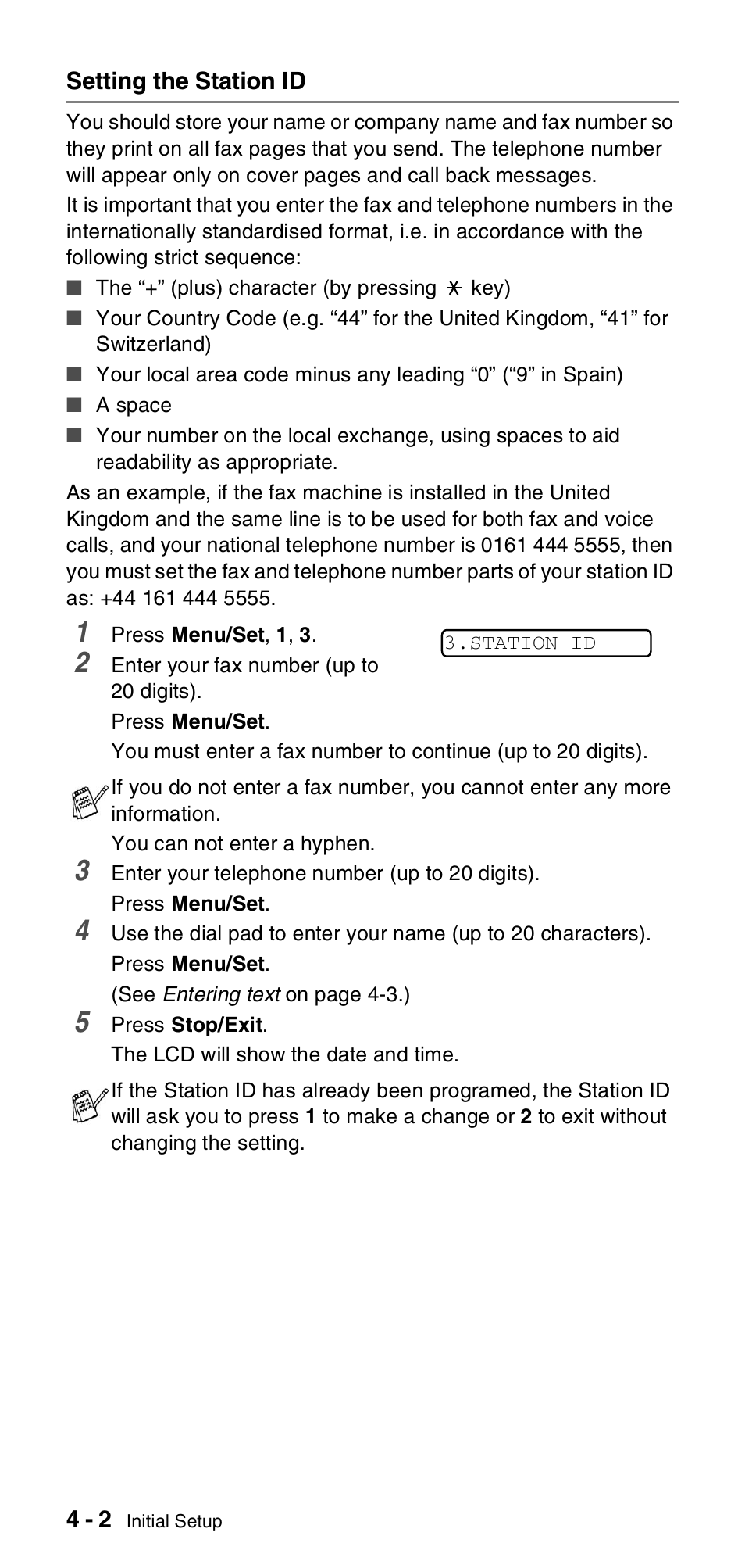 Setting the station id, Setting the station id -2 | Brother FAX-T104 Series User Manual | Page 36 / 120