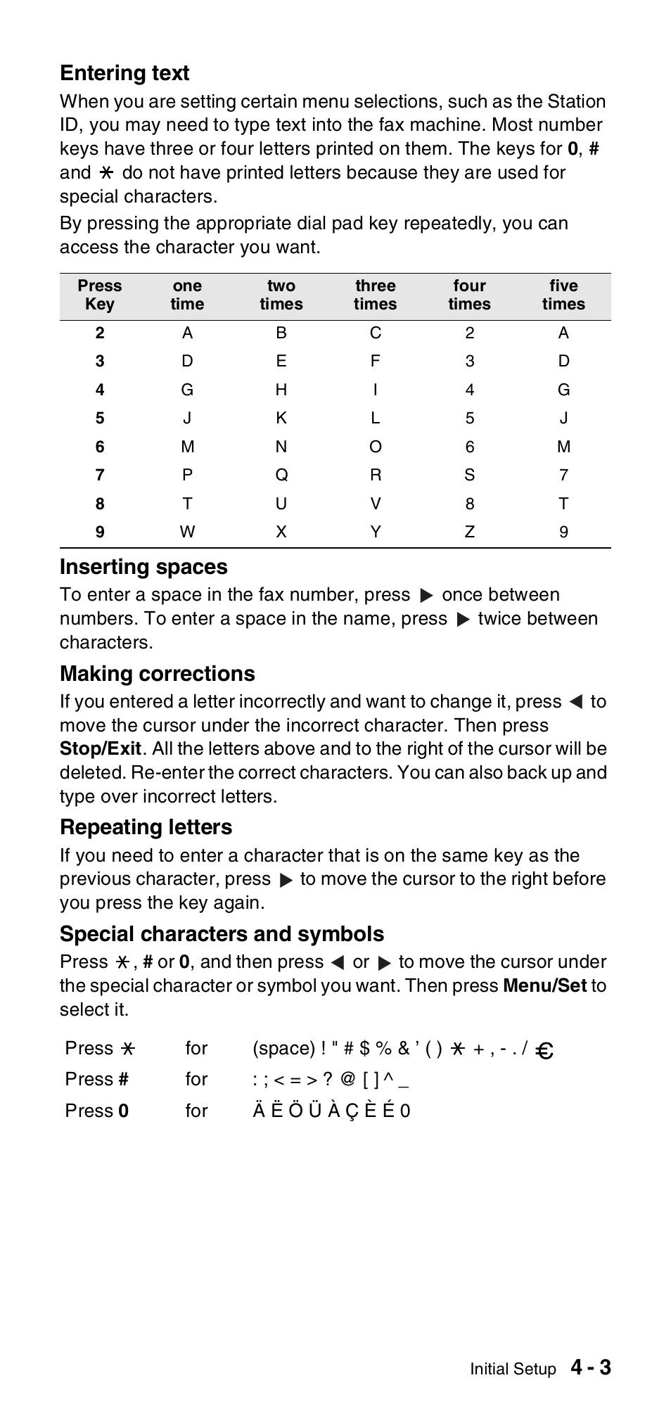 4 - 3 entering text, Inserting spaces, Making corrections | Repeating letters, Special characters and symbols | Brother FAX-T104 Series User Manual | Page 37 / 120