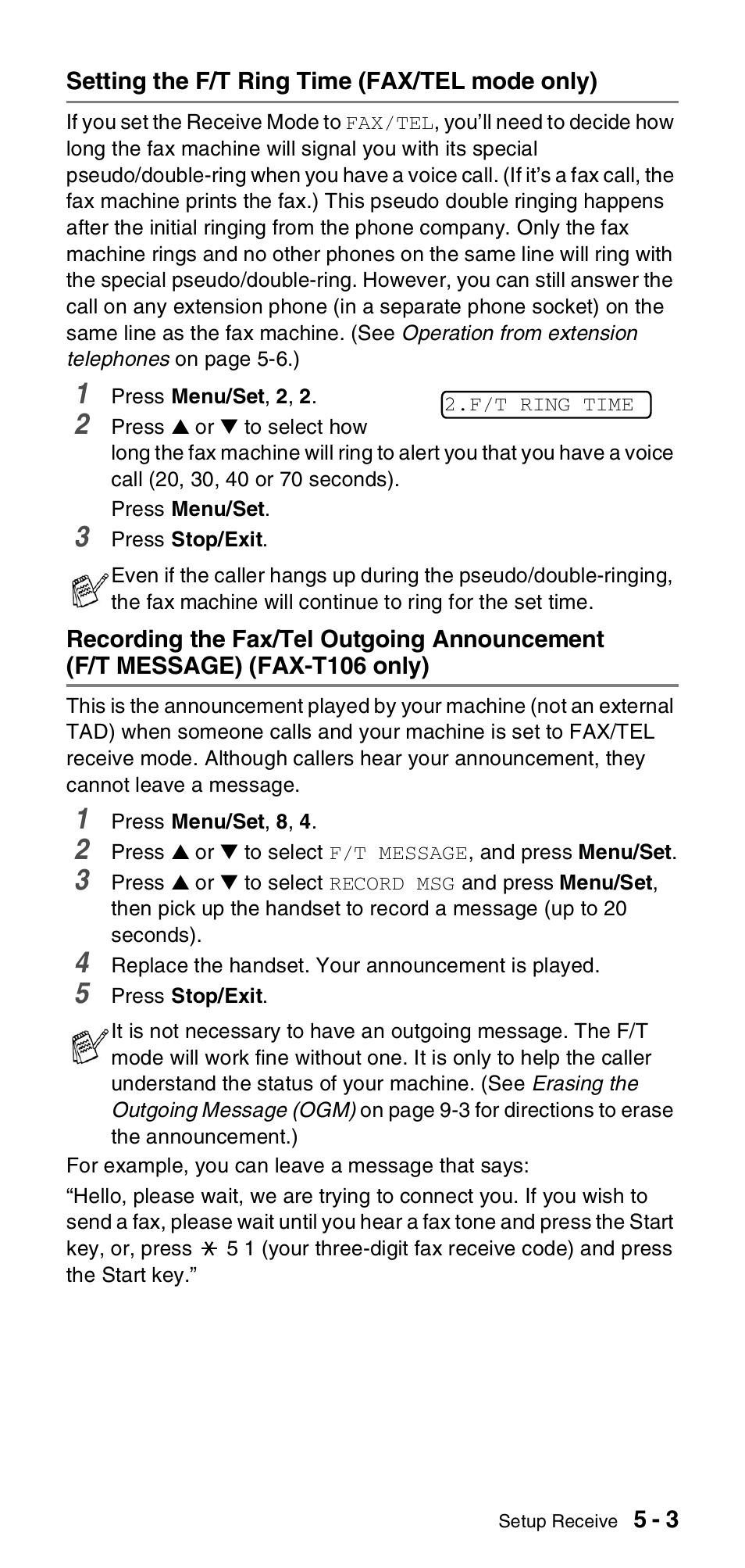 Setting the f/t ring time (fax/tel mode only), F/t message) (fax-t106 only) -3 | Brother FAX-T104 Series User Manual | Page 43 / 120