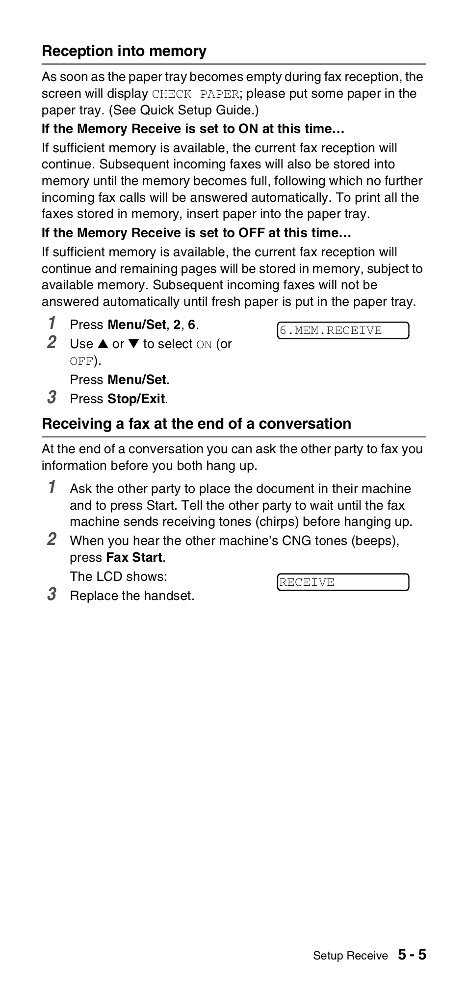 Reception into memory, Receiving a fax at the end of a conversation | Brother FAX-T104 Series User Manual | Page 45 / 120