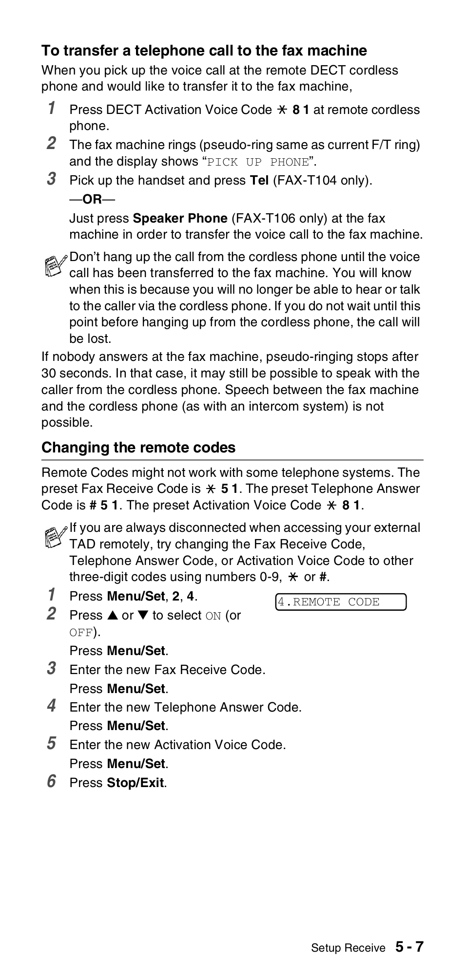 Changing the remote codes, Changing the remote codes -7 | Brother FAX-T104 Series User Manual | Page 47 / 120