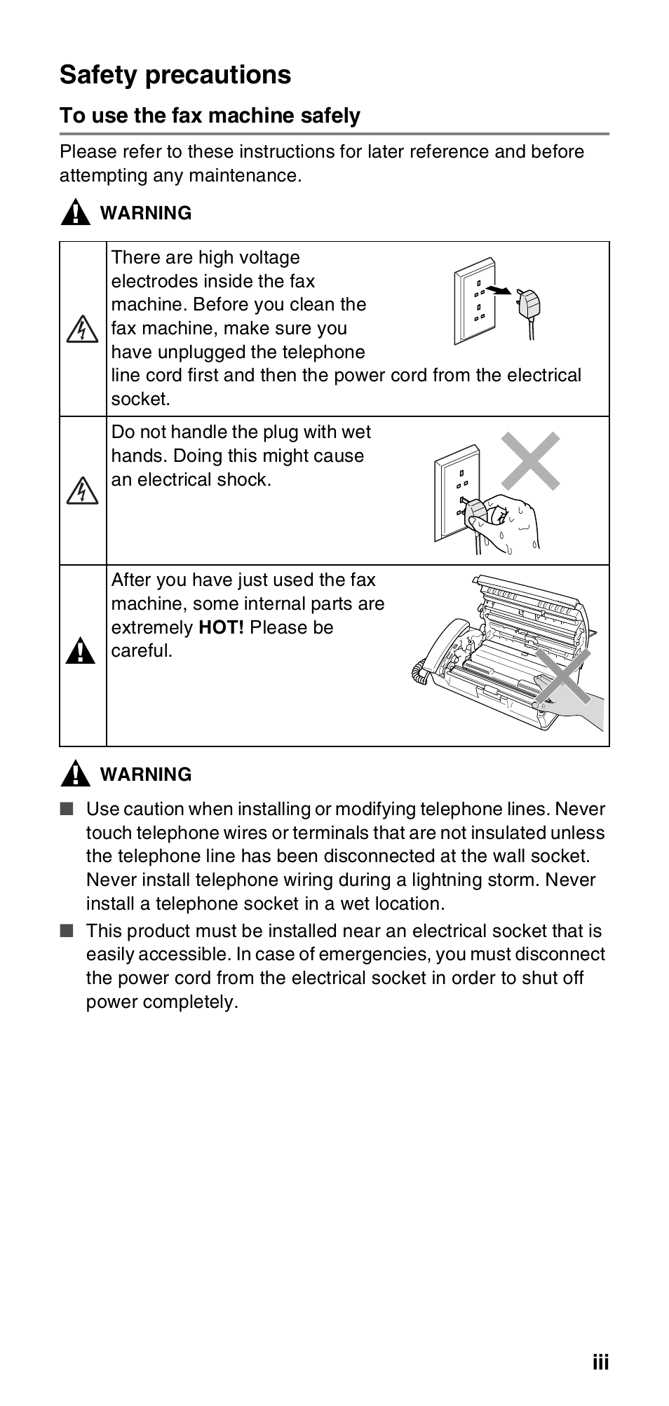 Safety precautions, To use the fax machine safely | Brother FAX-T104 Series User Manual | Page 5 / 120