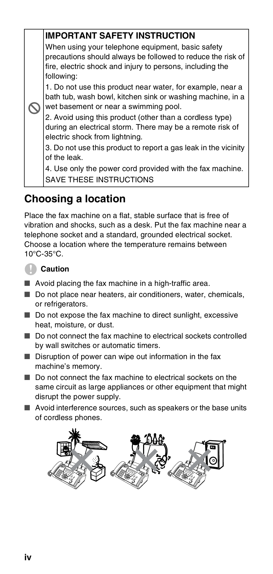 Choosing a location | Brother FAX-T104 Series User Manual | Page 6 / 120