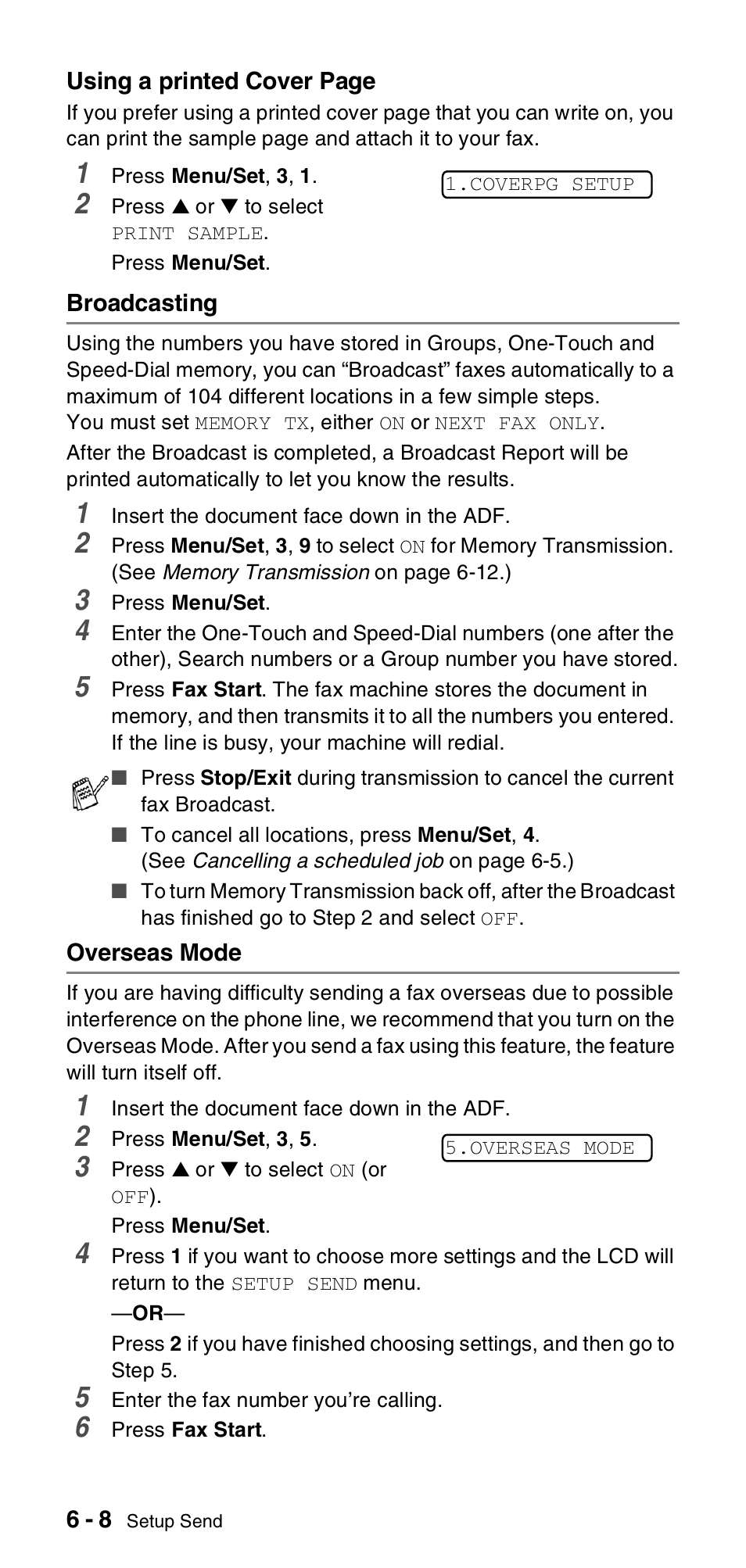 Broadcasting, Overseas mode, Broadcasting -8 overseas mode -8 | Brother FAX-T104 Series User Manual | Page 62 / 120