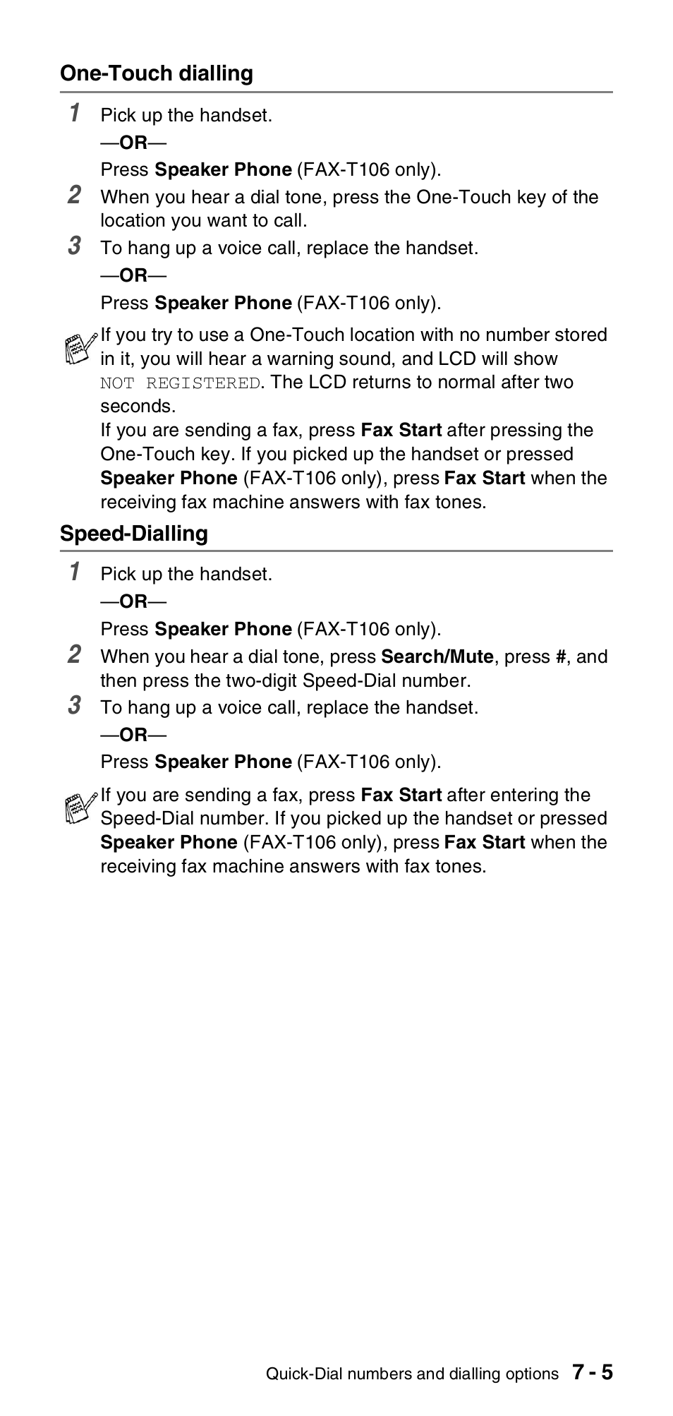 One-touch dialling, Speed-dialling, One-touch dialling -5 speed-dialling -5 | Brother FAX-T104 Series User Manual | Page 73 / 120