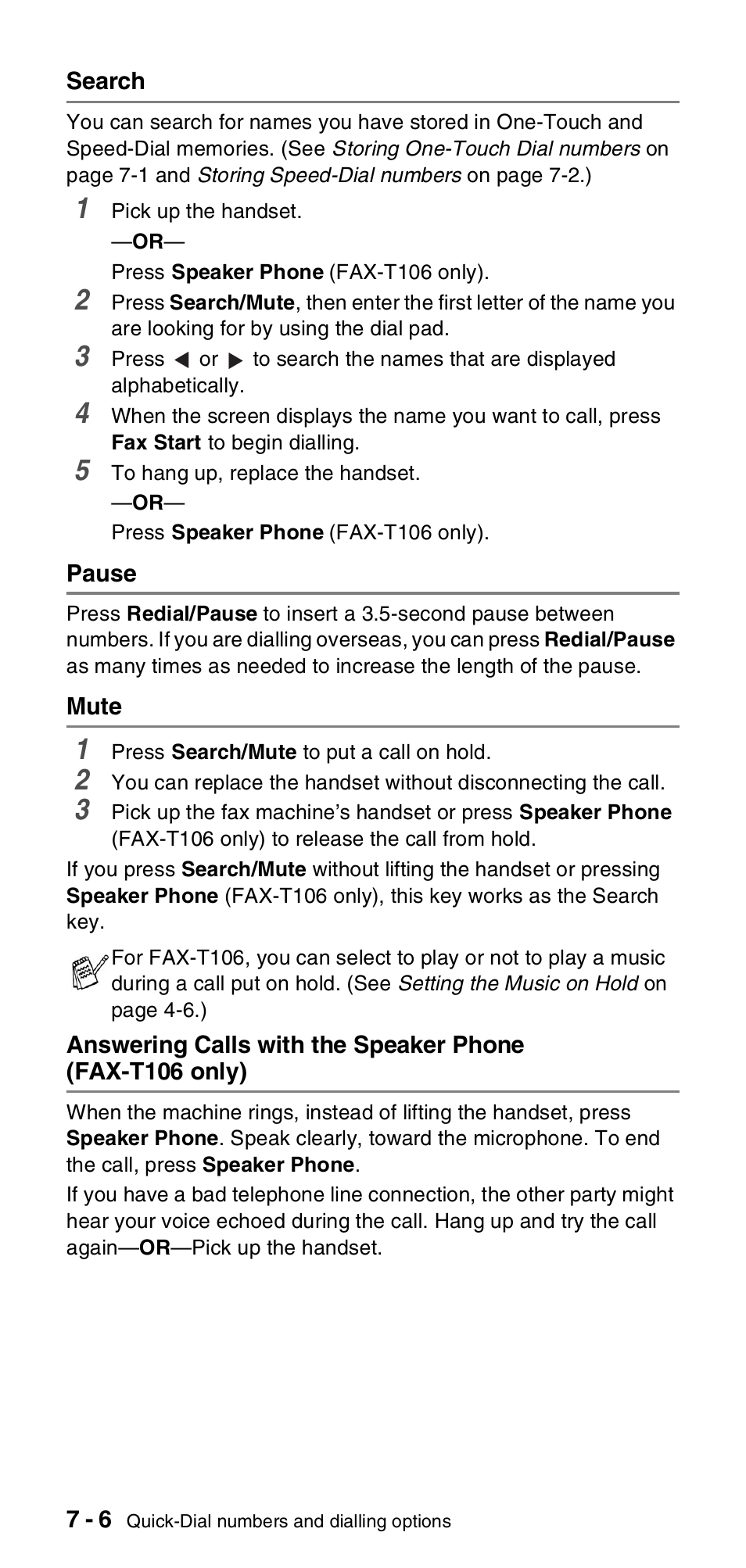 Search, Pause, Mute | Fax-t106 only) -6 | Brother FAX-T104 Series User Manual | Page 74 / 120