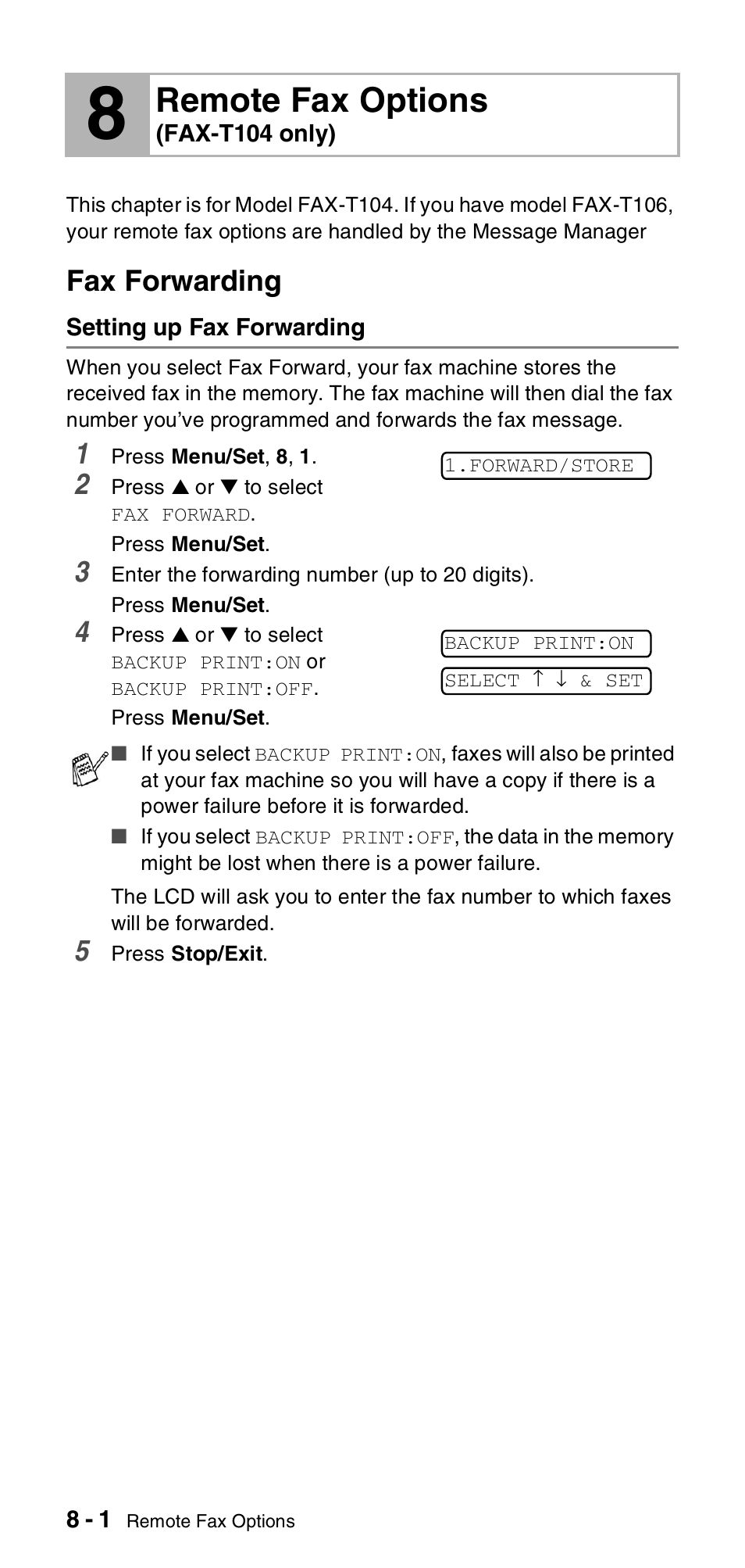 Remote fax options (fax-t104 only), Fax forwarding, Setting up fax forwarding | Remote fax options, Fax-t104 only), Fax forwarding -1, Setting up fax forwarding -1 | Brother FAX-T104 Series User Manual | Page 76 / 120