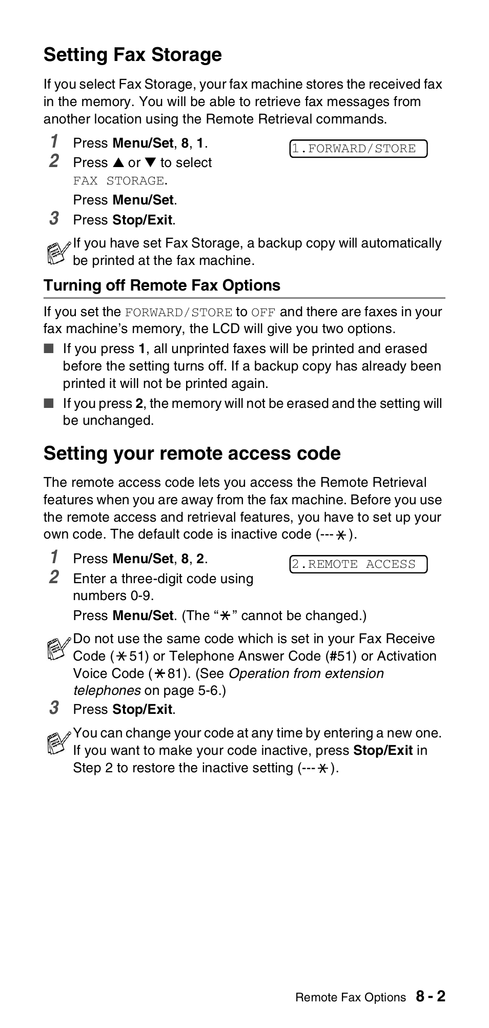 Setting fax storage, Turning off remote fax options, Setting your remote access code | Setting fax storage -2, Turning off remote fax options -2, Setting your remote access code -2 | Brother FAX-T104 Series User Manual | Page 77 / 120