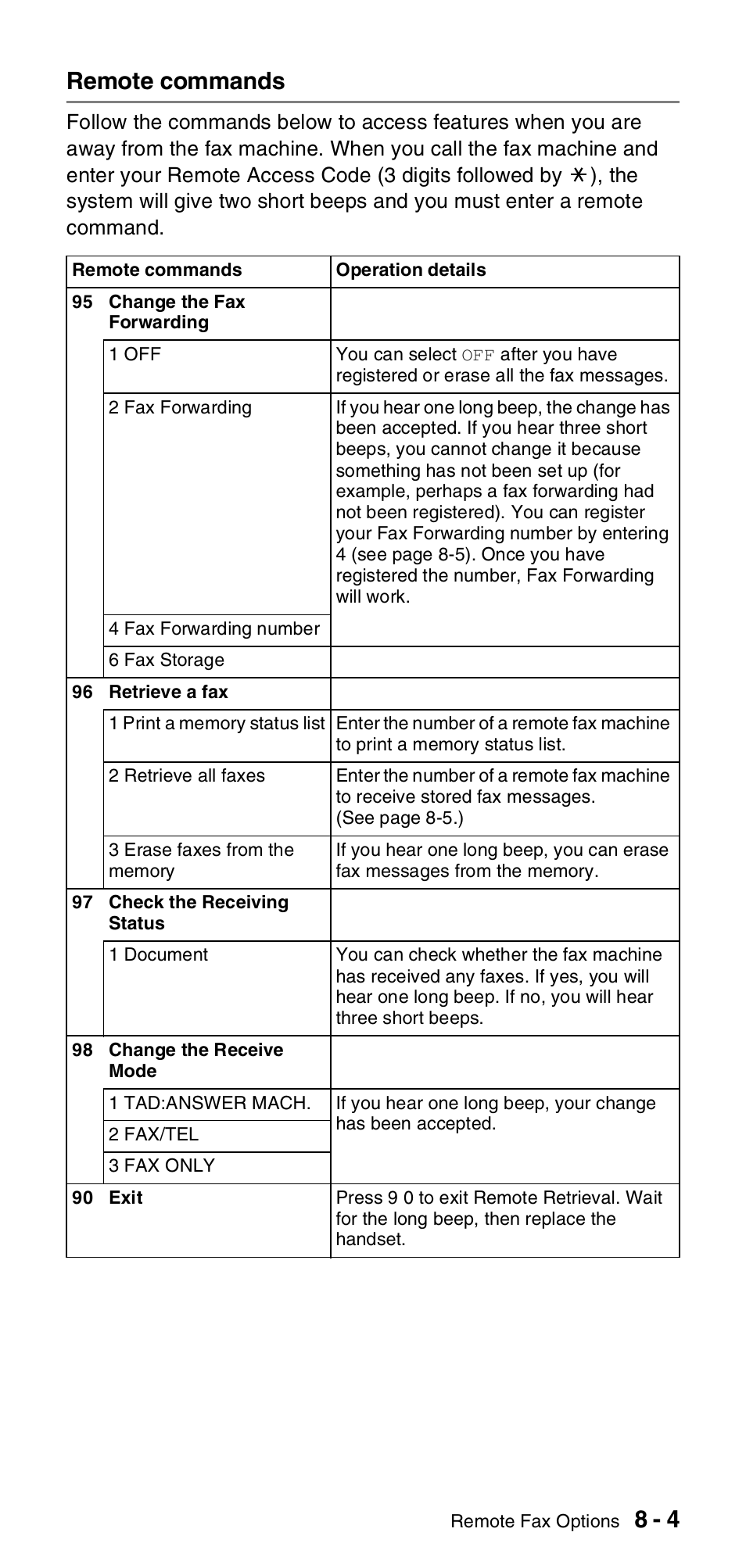 Remote commands, Remote commands -4, 8 - 4 remote commands | Brother FAX-T104 Series User Manual | Page 79 / 120