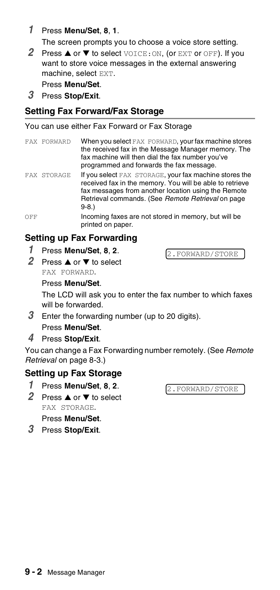 Setting fax forward/fax storage, Setting fax forward/fax storage -2 | Brother FAX-T104 Series User Manual | Page 82 / 120