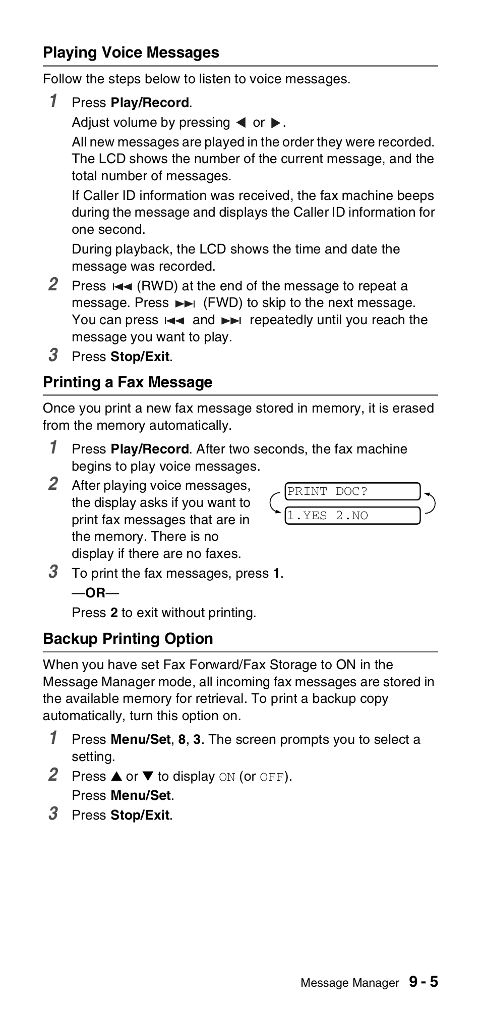 Playing voice messages, Printing a fax message, Backup printing option | Brother FAX-T104 Series User Manual | Page 85 / 120