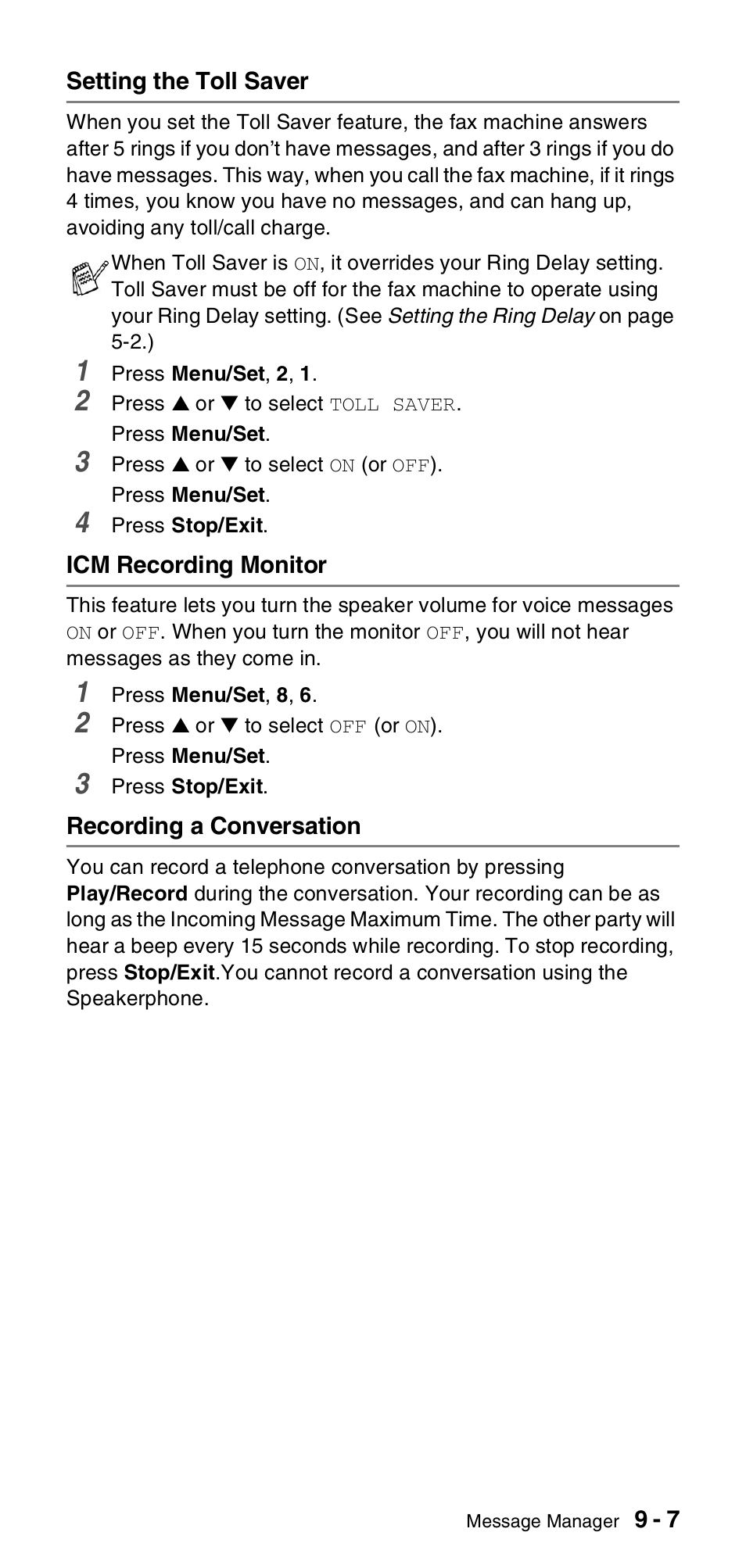 Setting the toll saver, Icm recording monitor, Recording a conversation | Brother FAX-T104 Series User Manual | Page 87 / 120