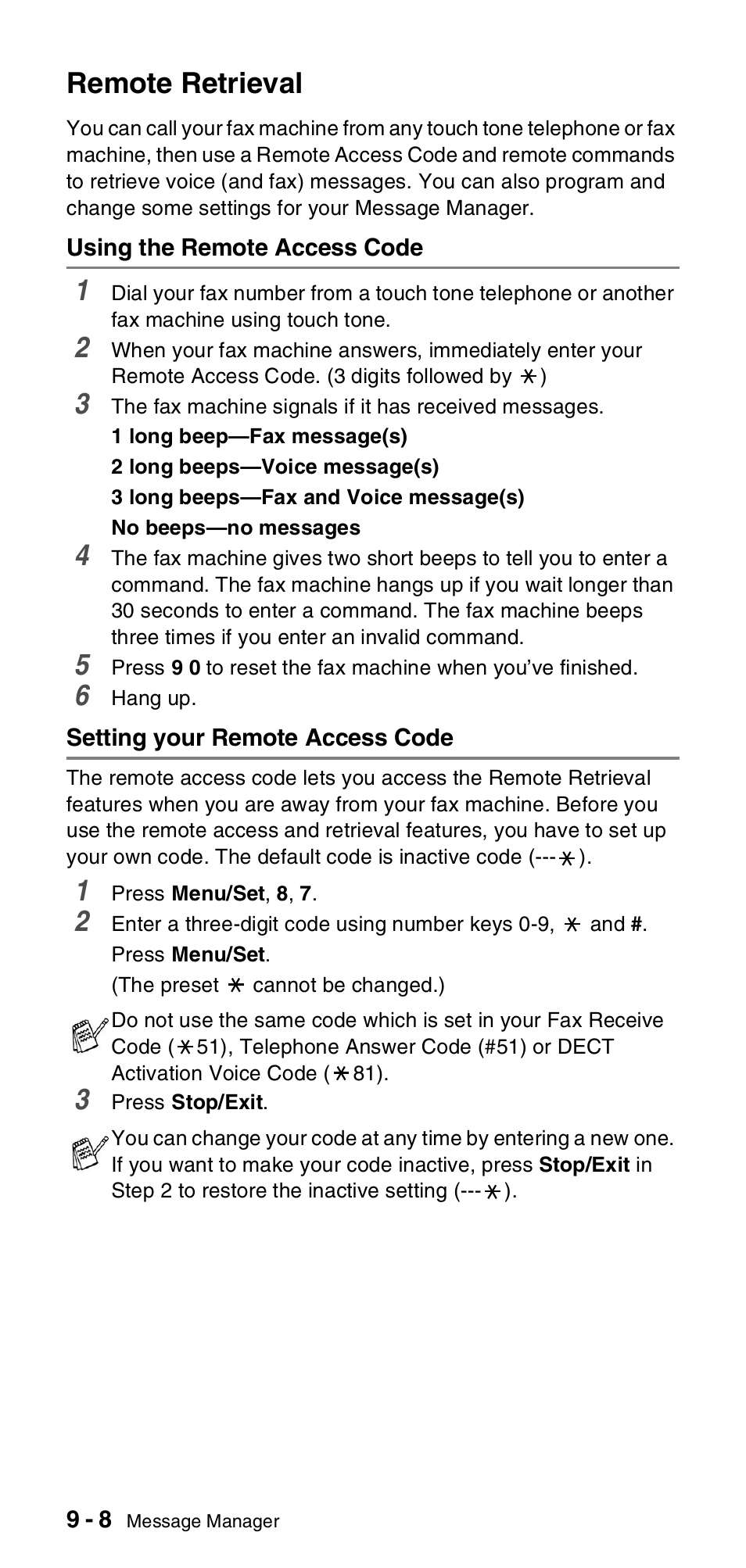 Remote retrieval, Using the remote access code, Setting your remote access code | Remote retrieval -8 | Brother FAX-T104 Series User Manual | Page 88 / 120