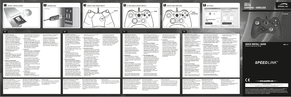 Xeox, Quick install guide, Gamepad – wireless | Connecting, D-pad mode (directinput), Xinput and directinput, Rapid-fire function, Settings, Driver installation, Vers. 1.0 | SPEEDLINK SL-6556-BK XEOX Pro Analog Gamepad - USB User Manual | Page 3 / 4