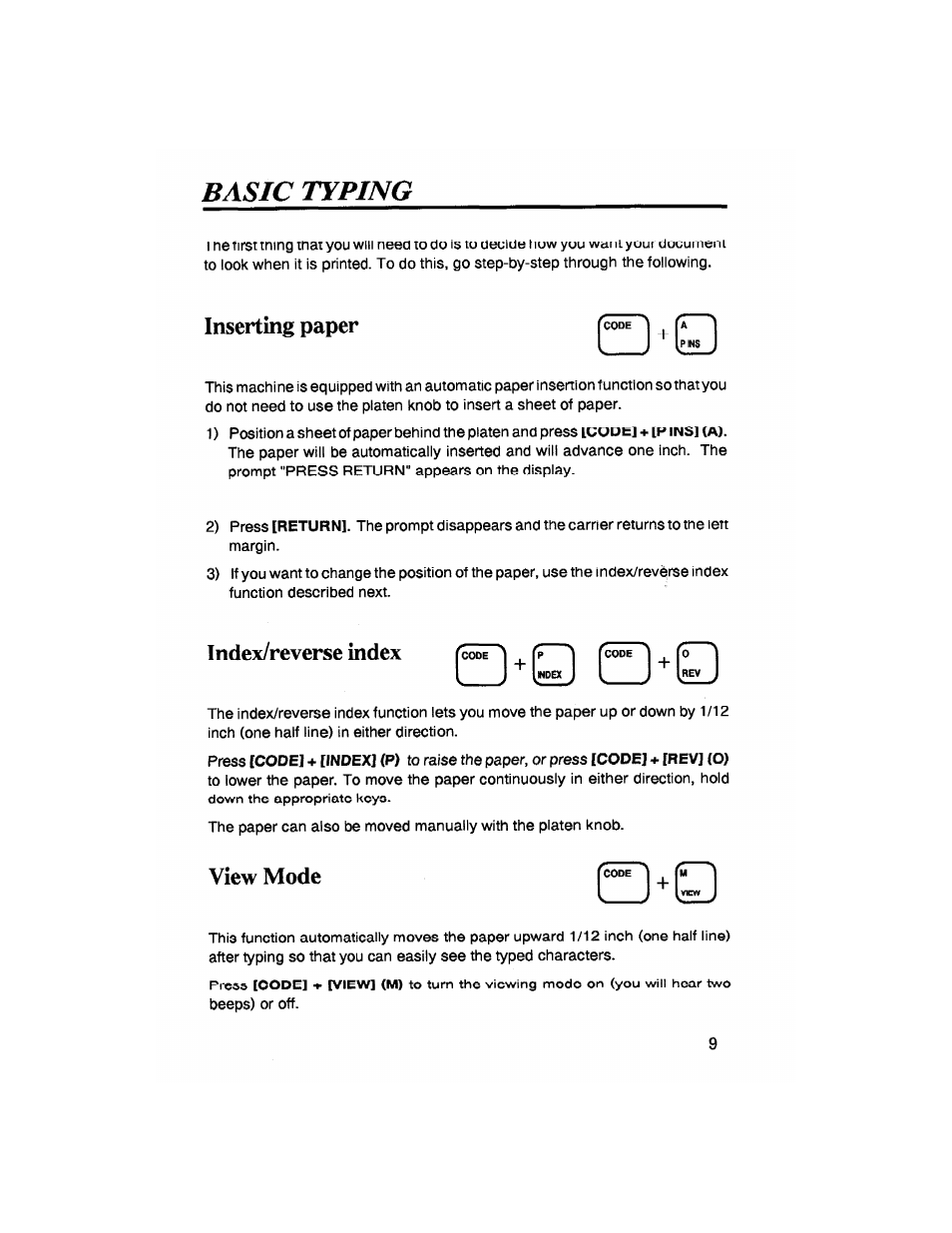 Inserting paper, Index/reverse index, View mode | 3 - q, Basic typing, Index] (p) | Brother SX-4000 User Manual | Page 11 / 54