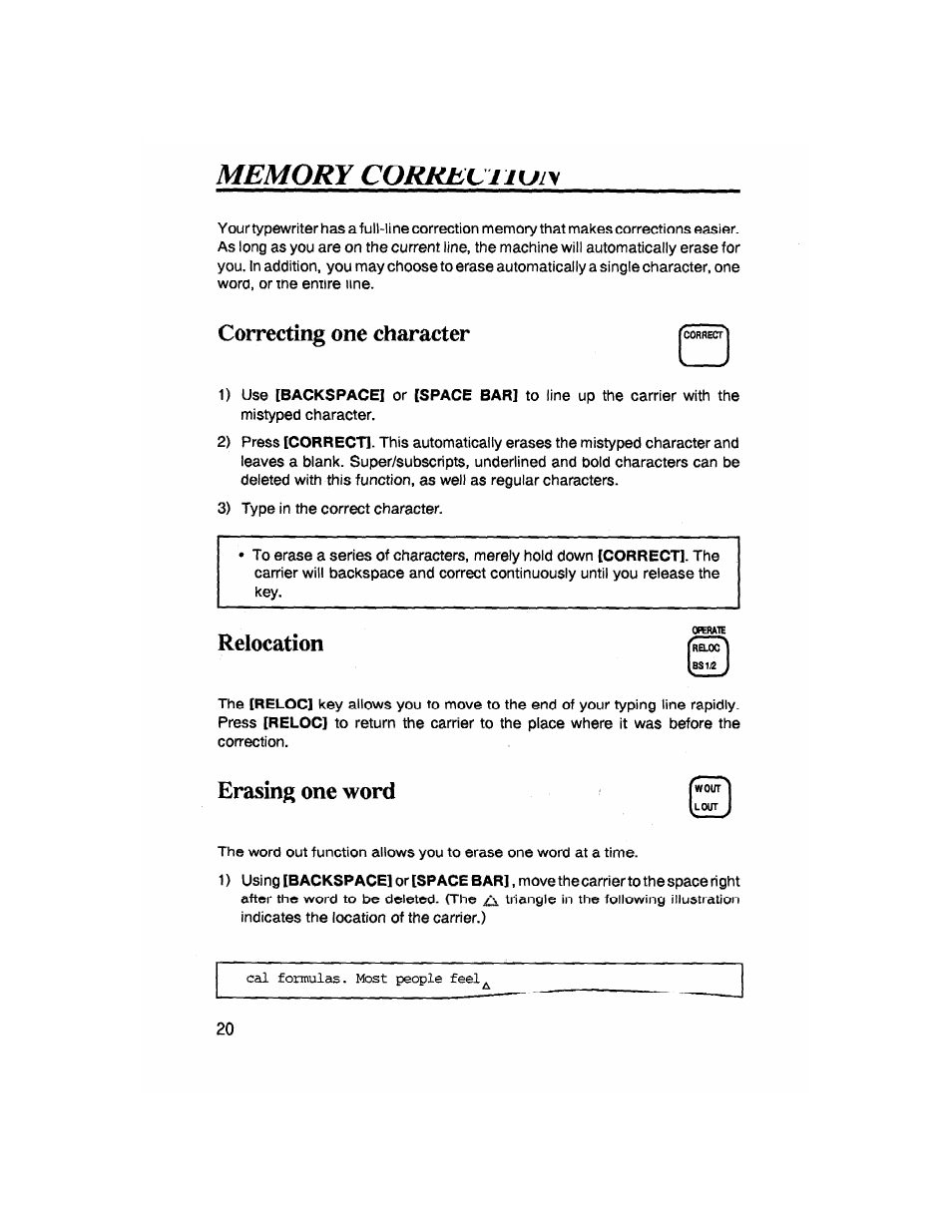 Correcting one character, Relocation, Erasing one word | Brother SX-4000 User Manual | Page 22 / 54