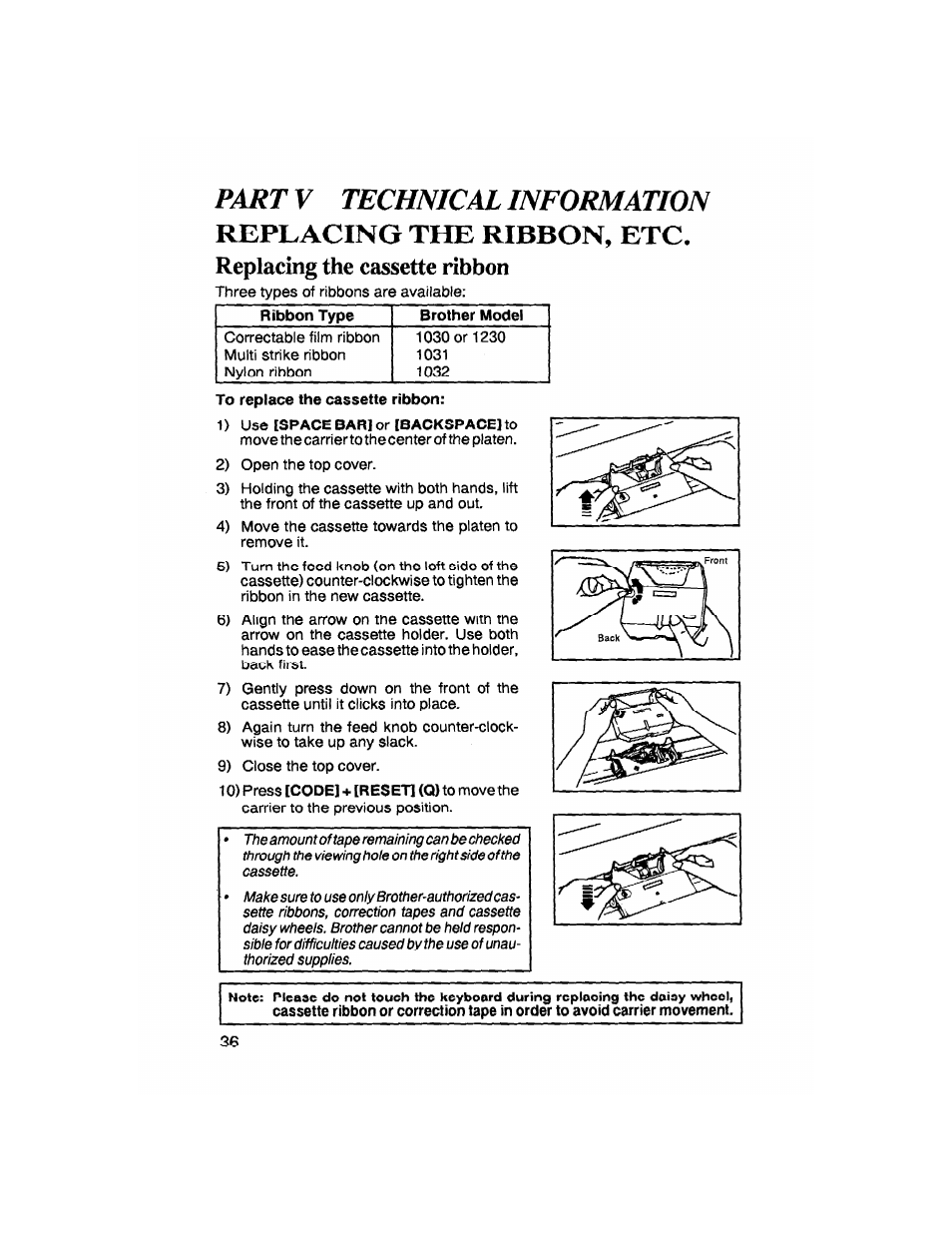 Replacing the cassette ribbon, Replacing the ribbon, etc, Part v technical information | Brother SX-4000 User Manual | Page 38 / 54