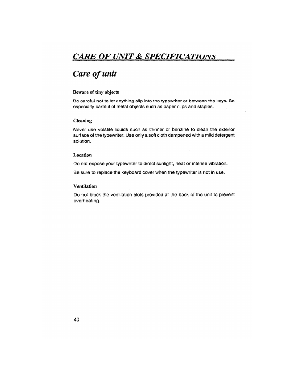 Care of unit & specificai, Care of unit | Brother SX-4000 User Manual | Page 42 / 54