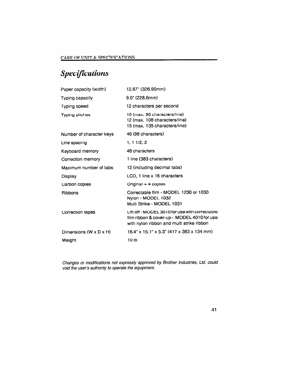 Specifications | Brother SX-4000 User Manual | Page 43 / 54