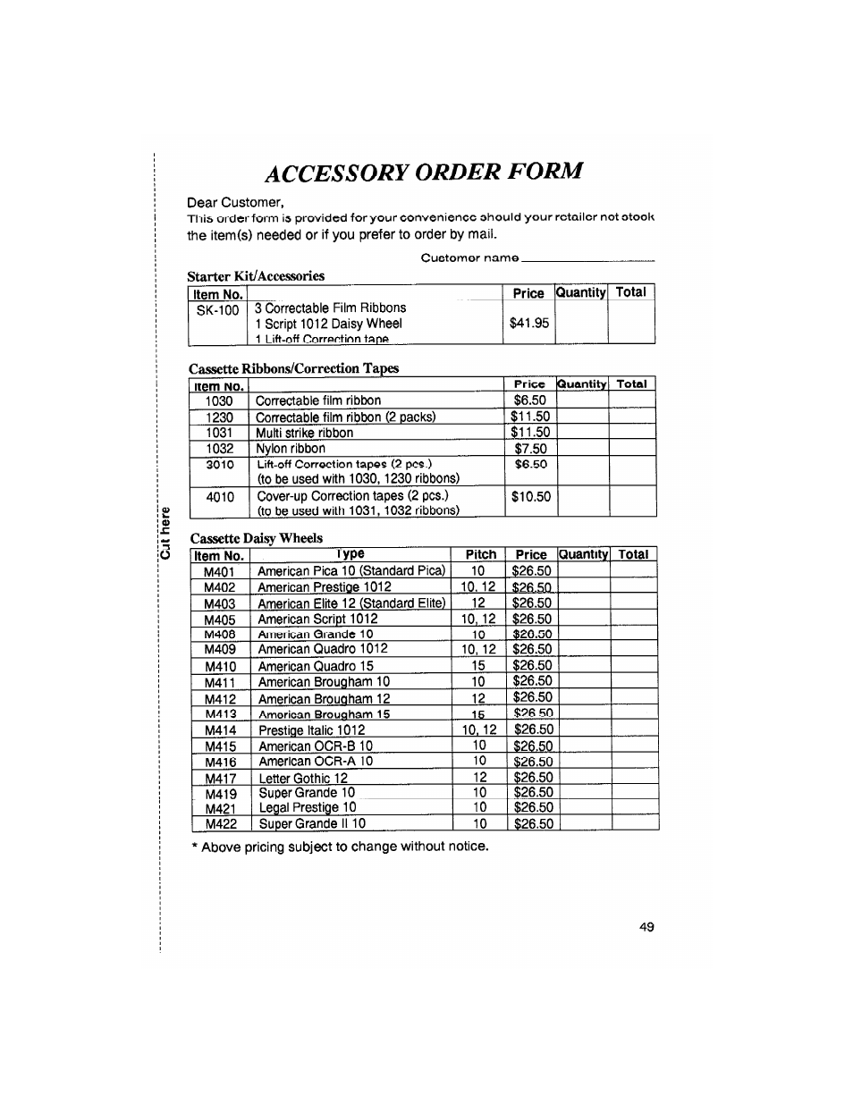 Accessory order form | Brother SX-4000 User Manual | Page 51 / 54