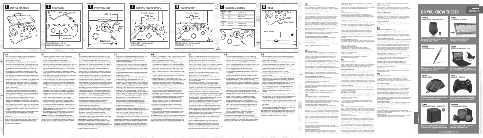 Device fixation, Charging, Pairing android | Pairing ios, Control modes, Reset, Preparation, Leds 1-3, Battery led, Press x + home | SPEEDLINK SL-6590-BK MYON Mobile Gamepad - Bluetooth User Manual | Page 2 / 2