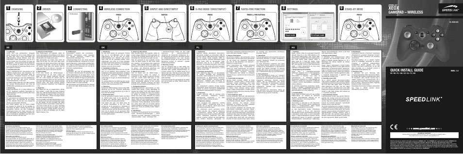 Xeox, Quick install guide, Gamepad – wireless | Driver, Settings, Charging, Connecting, Wireless connection, D-pad mode (directinput), Stand-by mode | SPEEDLINK SL-6566-BK XEOX Pro Analog Gamepad - Wireless User Manual | Page 3 / 4