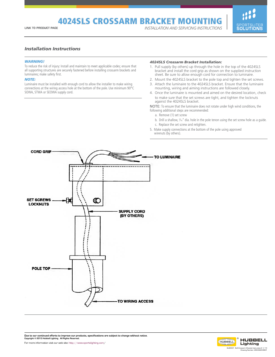 Sportsliter Solutions 4024SLS Crossarm Bracket Mounting User Manual | 1 page