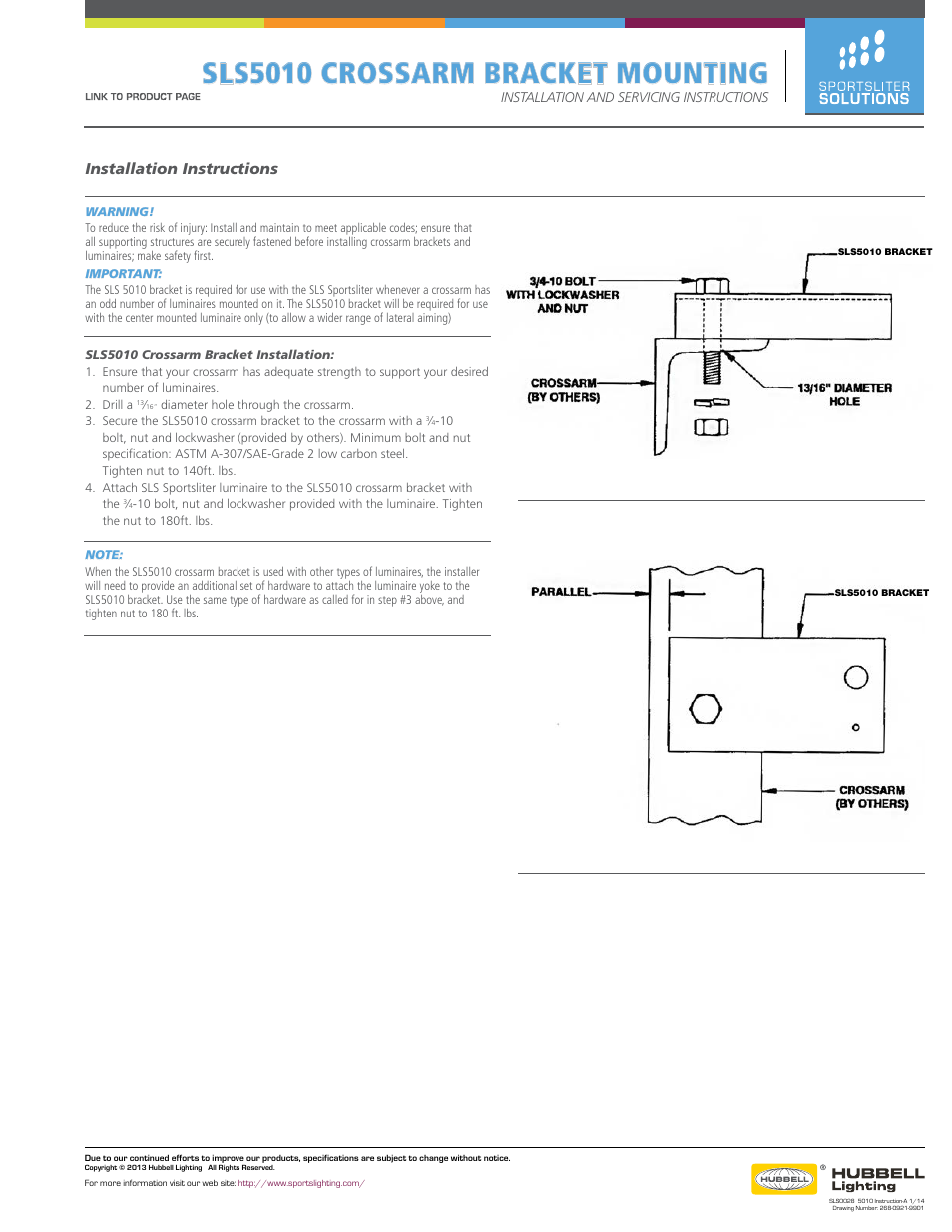 Sportsliter Solutions 5010 Crossarm Bracket Mounting User Manual | 1 page