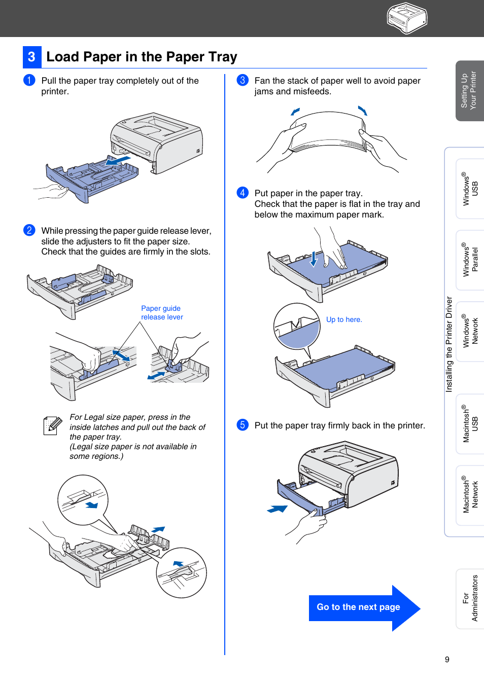 Load paper in the paper tray, 3load paper in the paper tray | Brother HL 2040 User Manual | Page 11 / 30