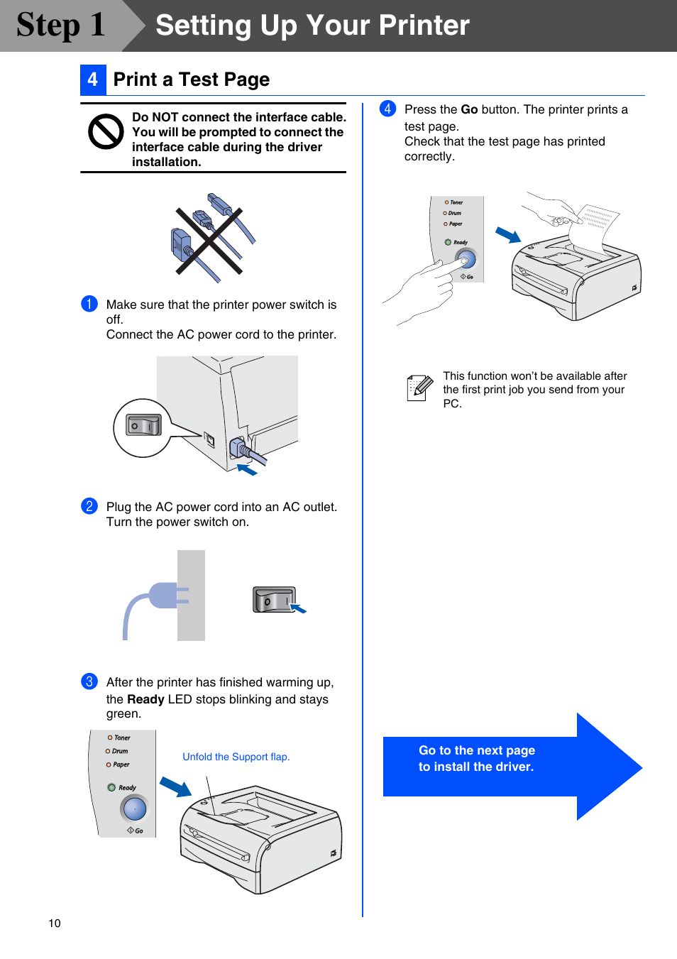 Step 1, Setting up your printer, 4print a test page | Brother HL 2040 User Manual | Page 12 / 30