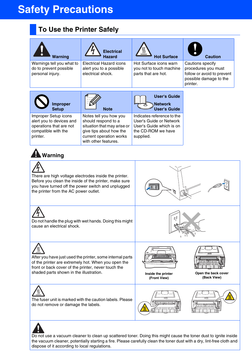 To use the printer safely, Safety precautions, Warning | Brother HL 2040 User Manual | Page 2 / 30