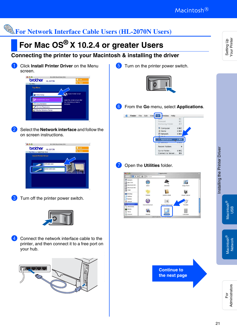 For network interface cable users (hl-2070n users), For mac os® x 10.2.4 or greater users, For mac os | X 10.2.4 or greater users | Brother HL 2040 User Manual | Page 23 / 30